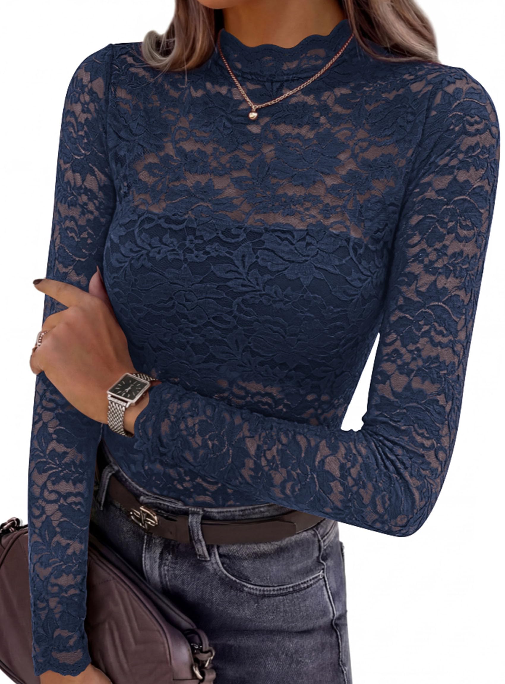 Womens Lace Long Sleeve Tops Sheer Mesh Blouse Navy Blue,S