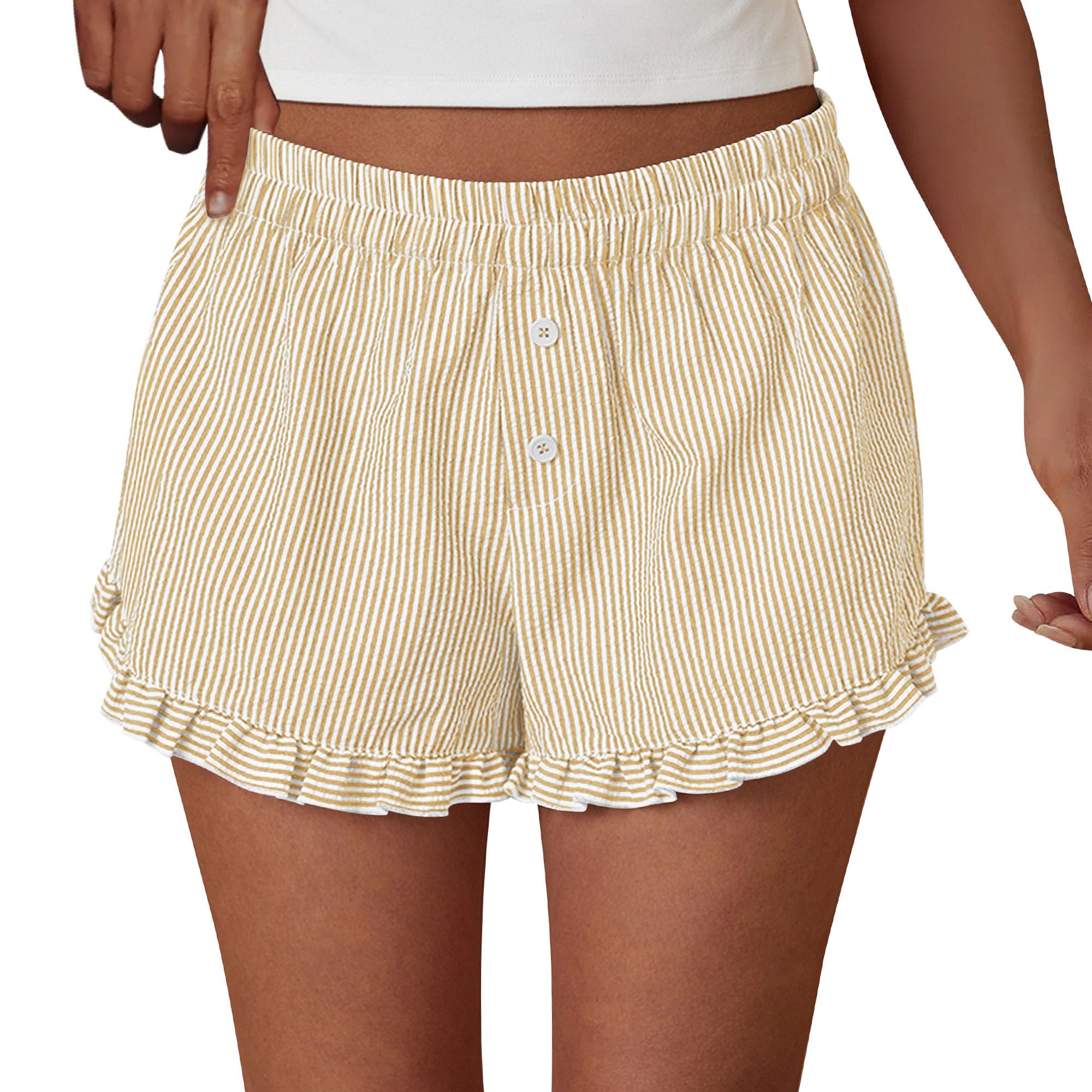 Womens Boxer Shorts Striped Gingham Ruffle Pajama Bottoms