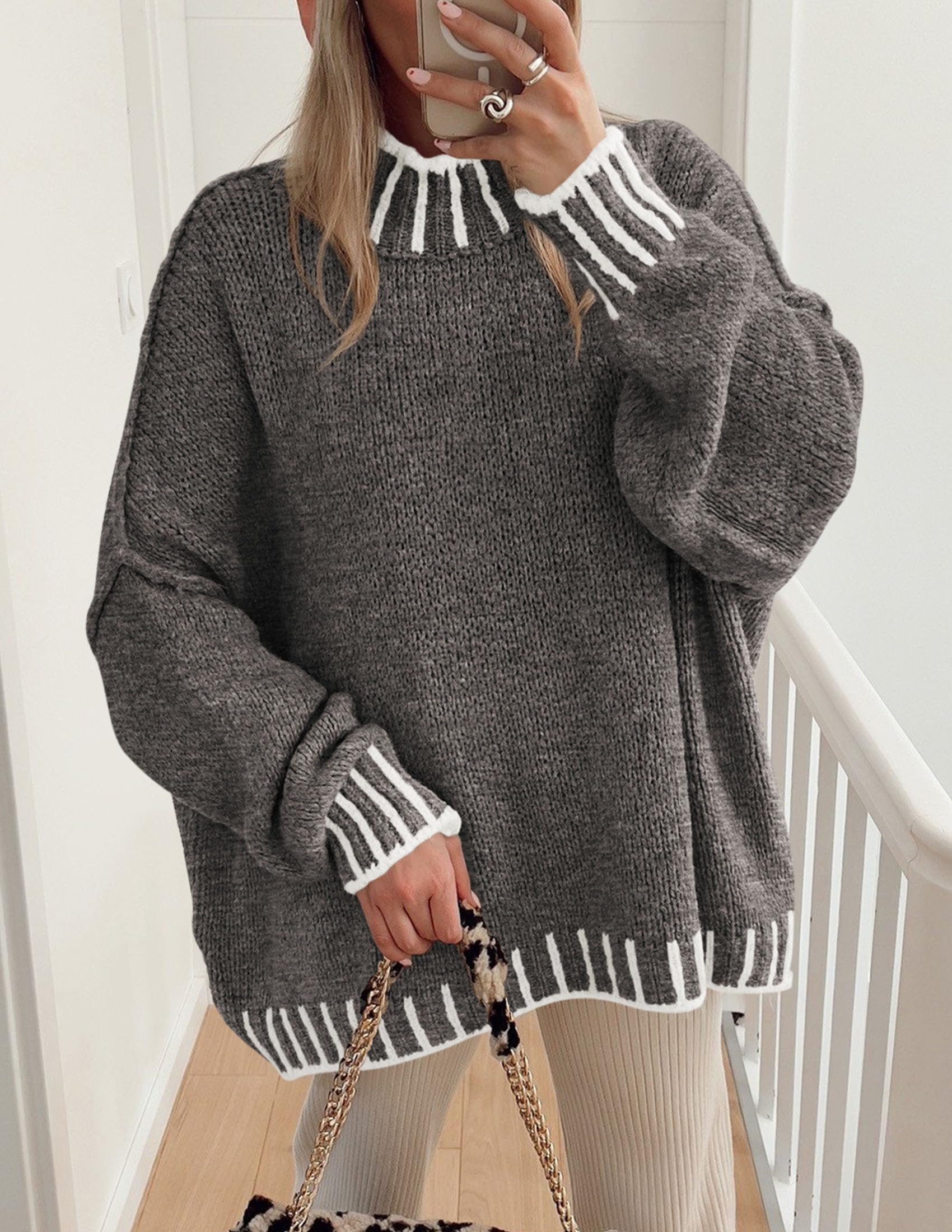 Women's Mock Neck Oversized Pullover Sweaters,Grey,XS