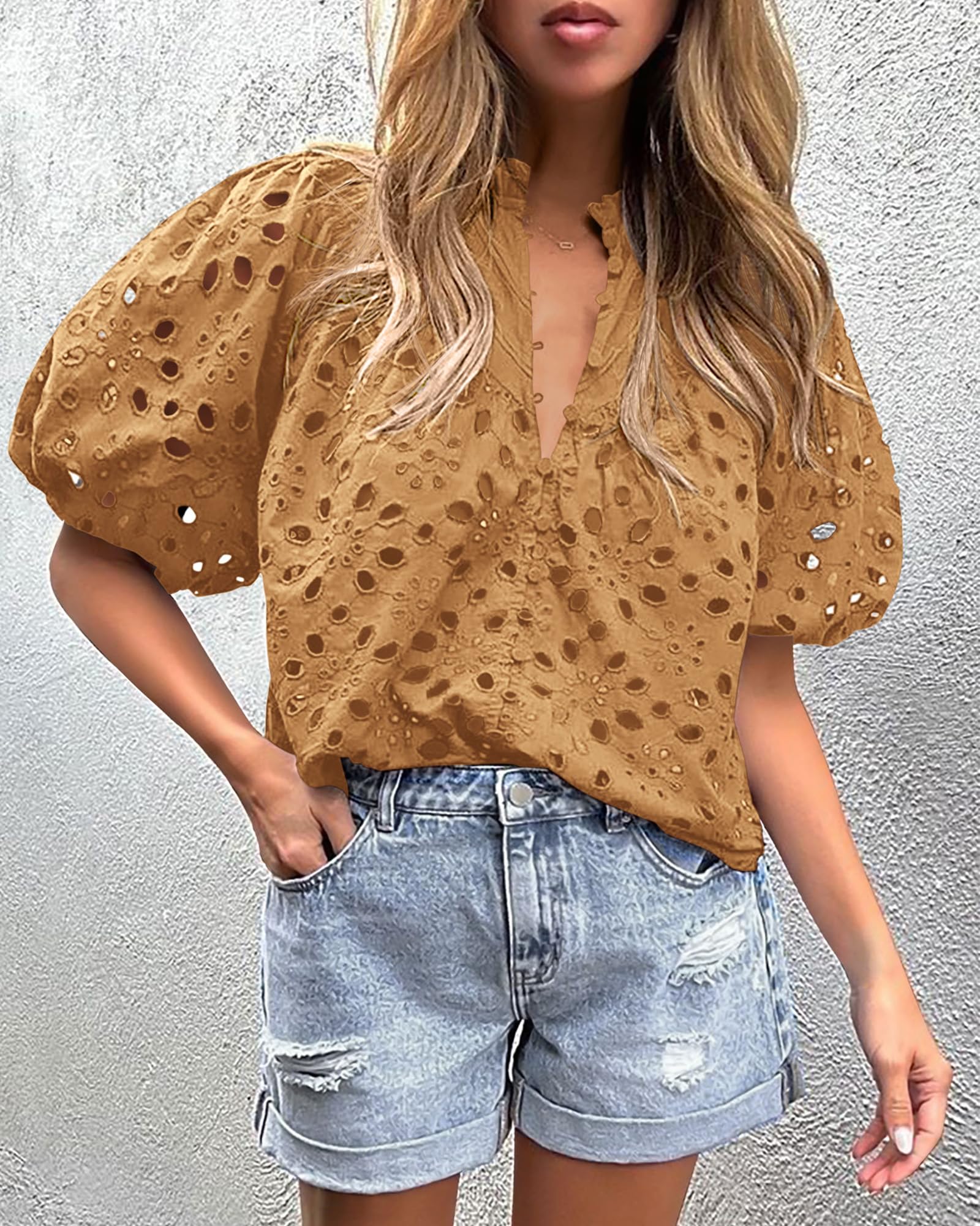 Womens Tops Boho Eyelet Puff Sleeve Blouse, Khaki,S