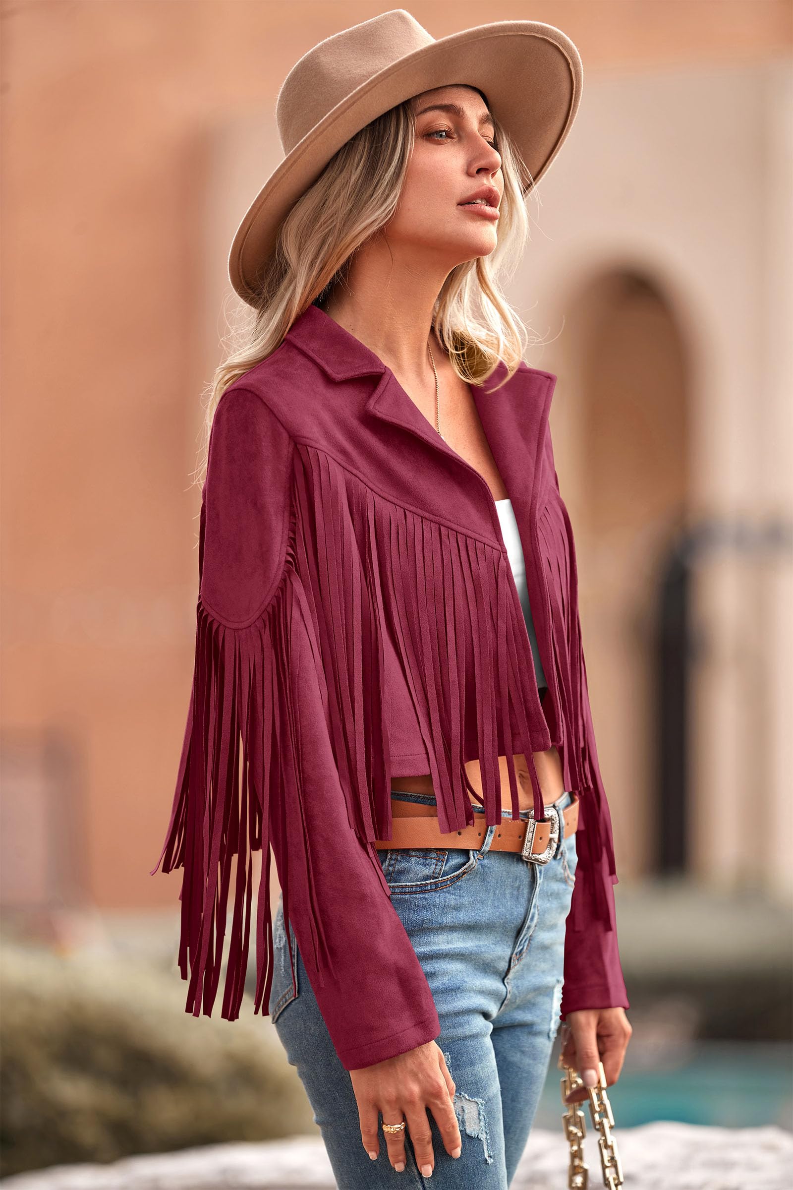 Women's Fringe Faux Suede Leather Jackets,Wine Red,S