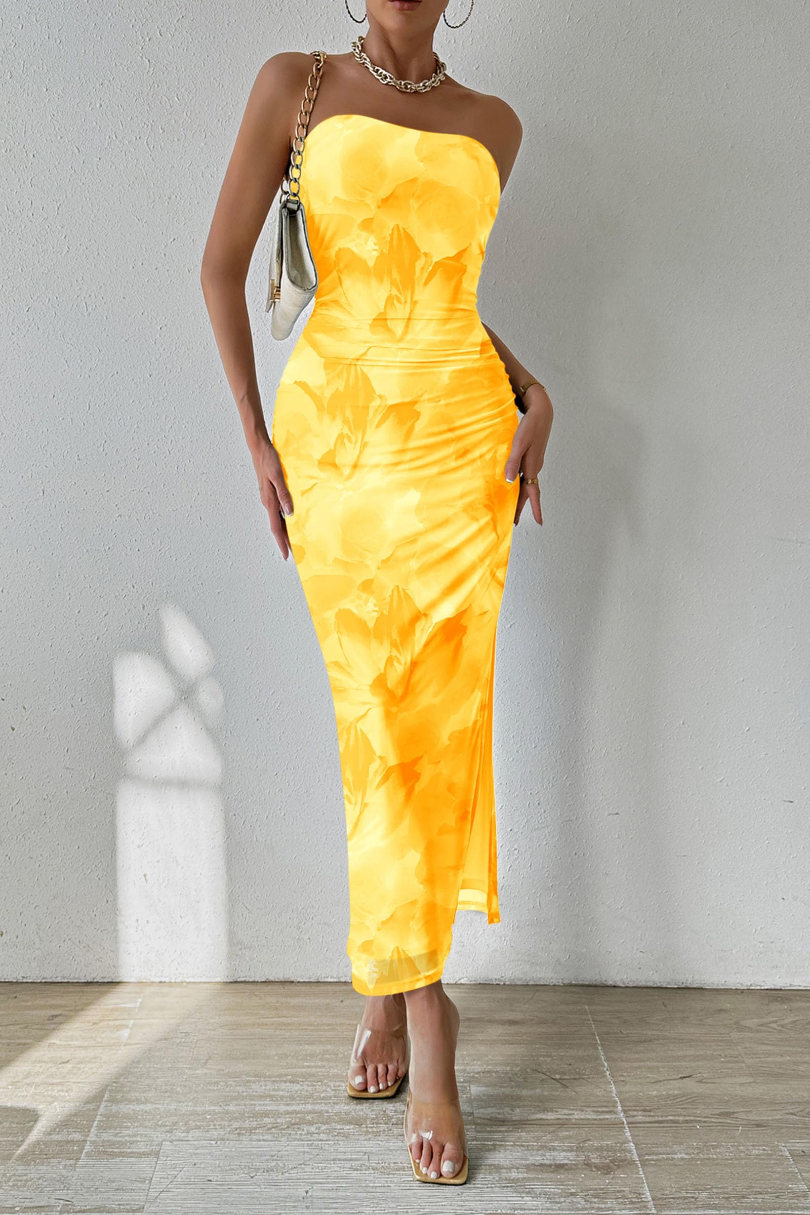 Women's Strapless Bodycon Floral Maxi Dress, Floral Yellow,S