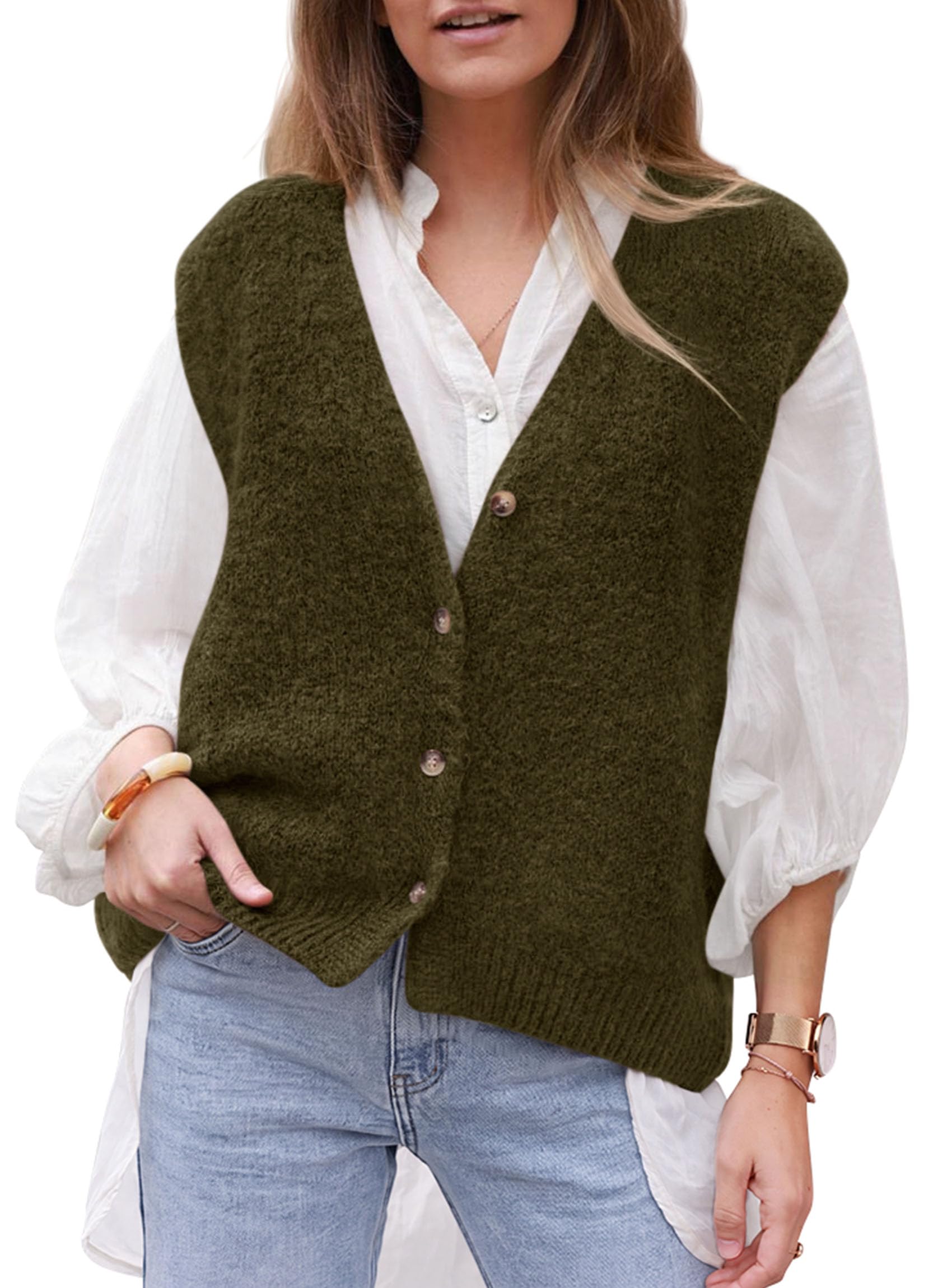 Womens Fall Sleeveless Button Down Sweater Vest,Army Green,S