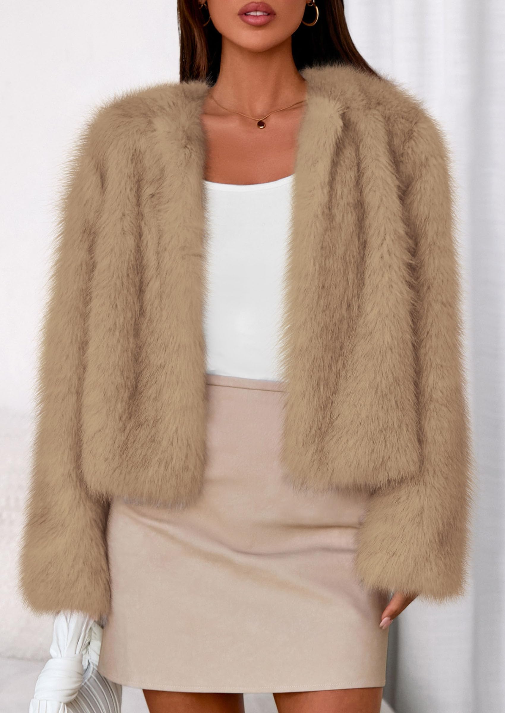 Womens Winter Coats Open Front Faux Fur Jacket,Light Khaki,XXL