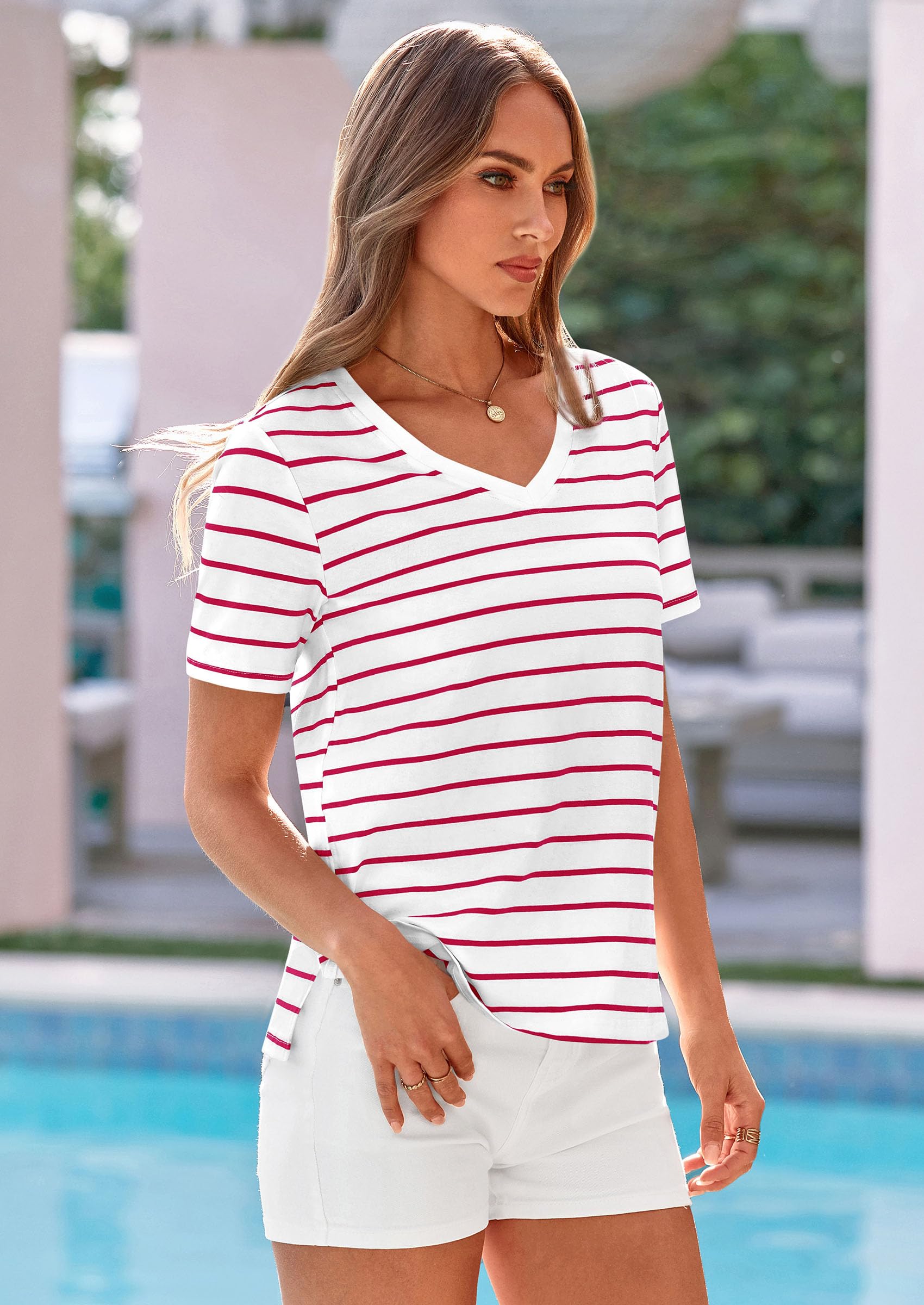 Striped Short Sleeve Womens Tops,Striped White Red,S