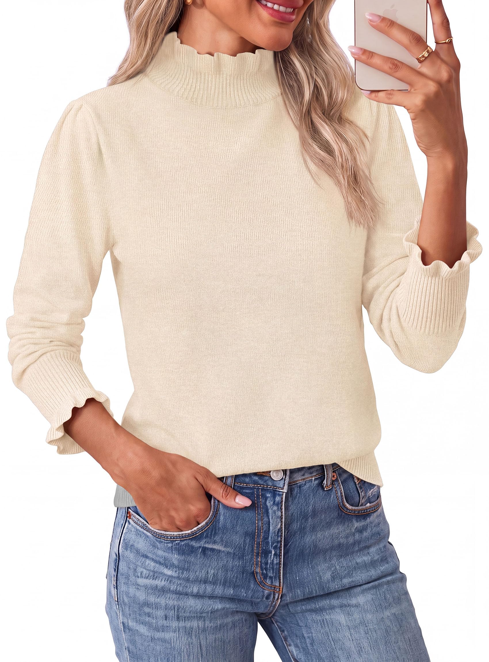 Women's Fall Cozy Sweaters Trendy Ruffle Mock Neck Pullover