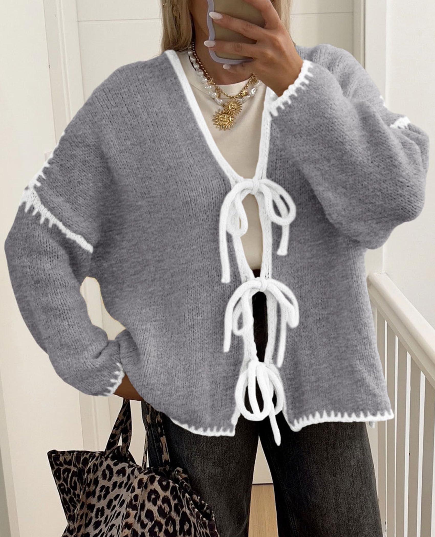 Women's Tie Front Bow Cardigan Sweaters(Grey White,Small)