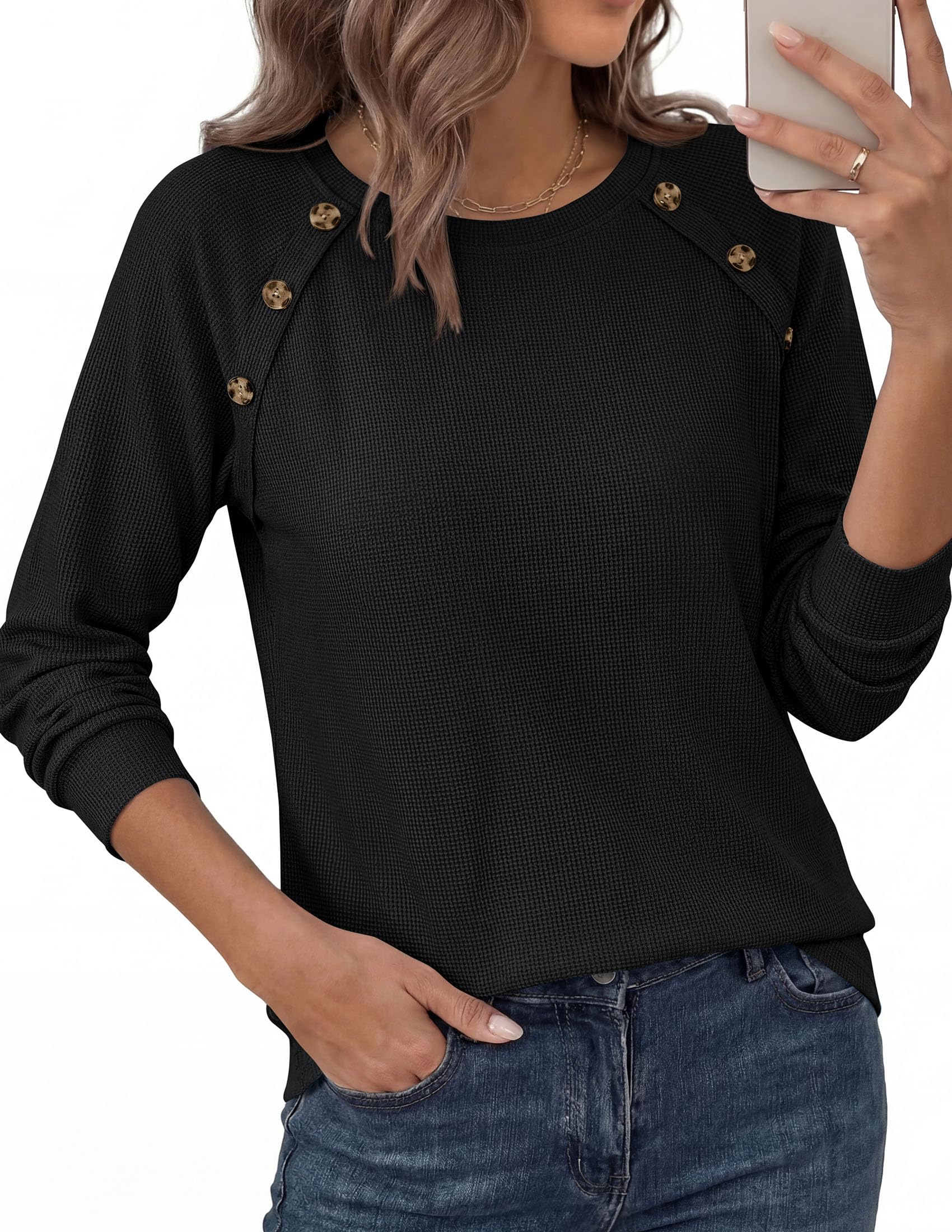 Fall Long Sleeve Waffle Knit Shirts for Women Loose Tunic Tops