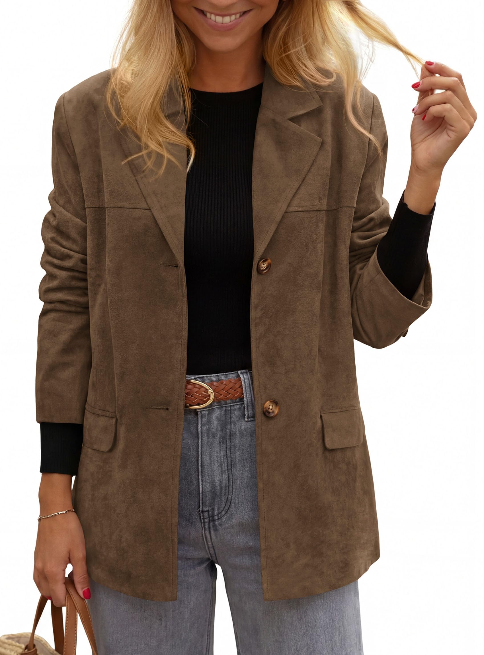 Blazers for Women Western Fall Faux Suede Jacket Brown