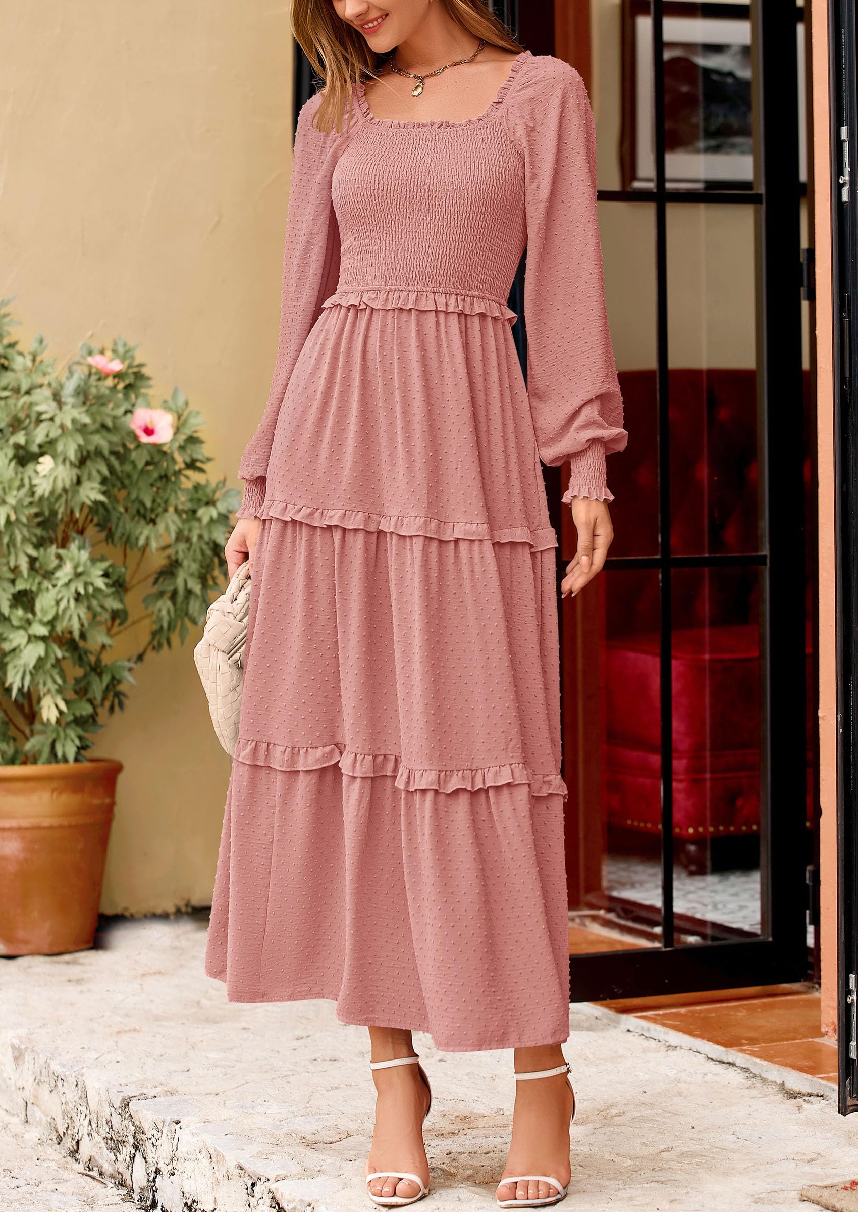 Women's Smocked Long Sleeve Maxi Dress Wedding Guest Dresses