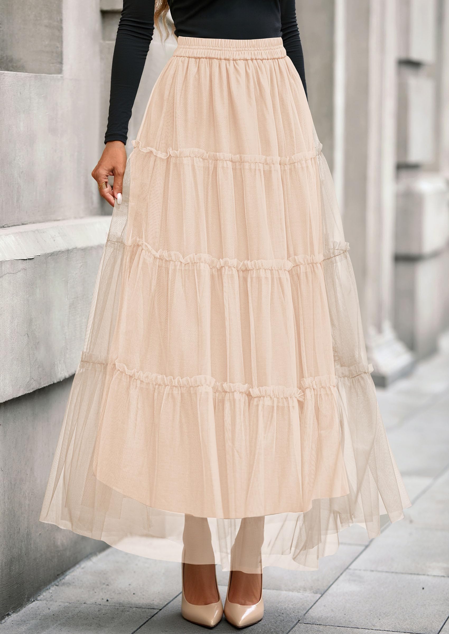 Women's Fall Soft Tulle Tiered Long Skirt,Beige,S