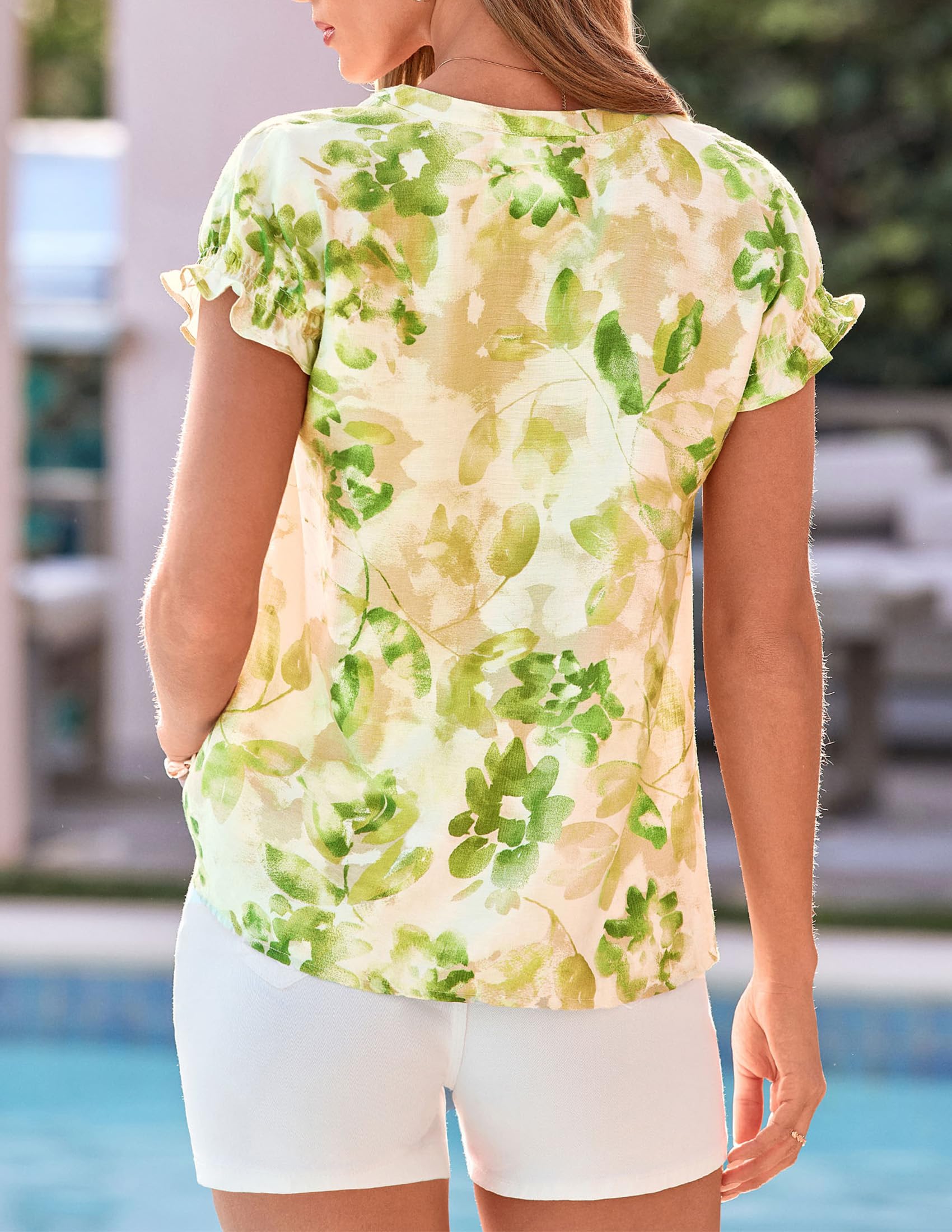 Womens Floral Short Sleeve Blouses,Green,S