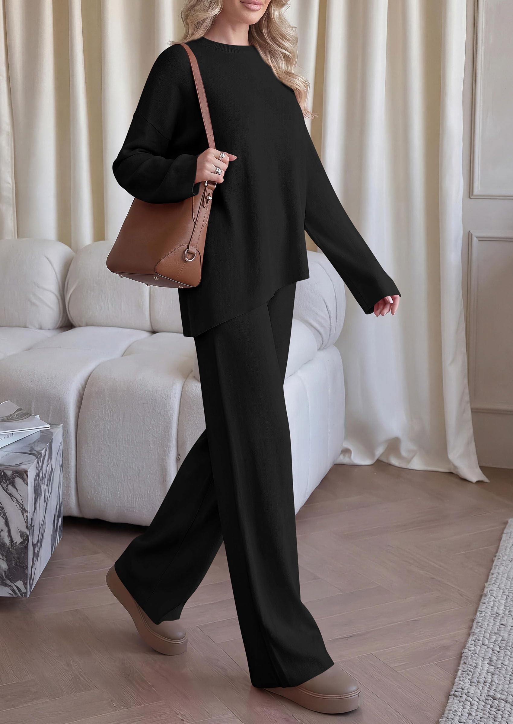 Womens Fall 2 Piece Asymmetric Cozy Sweater Travel Lounge Sets