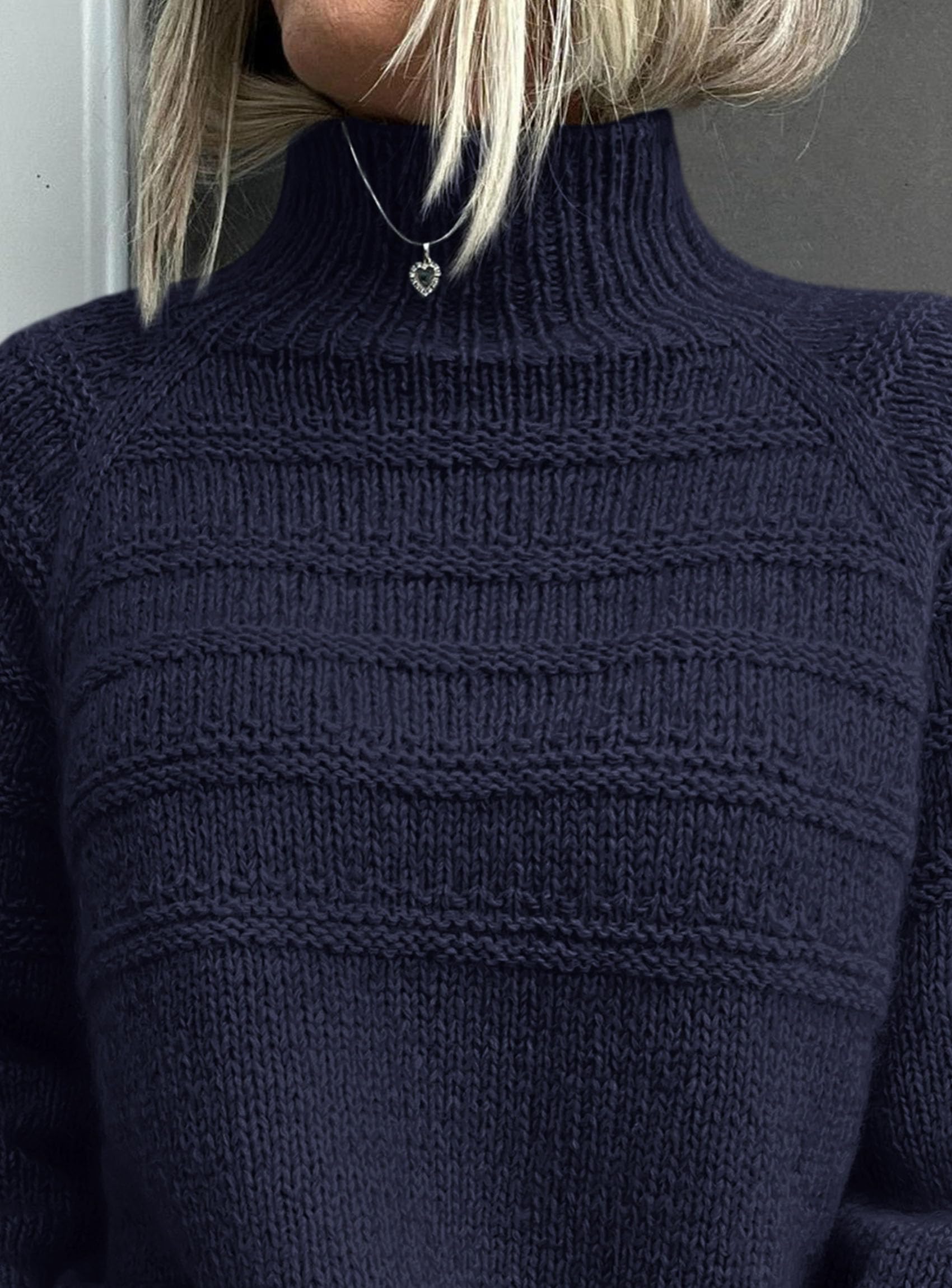 Women's Chunky Knit Mock Neck Pullover Sweaters,Navy Blue,S
