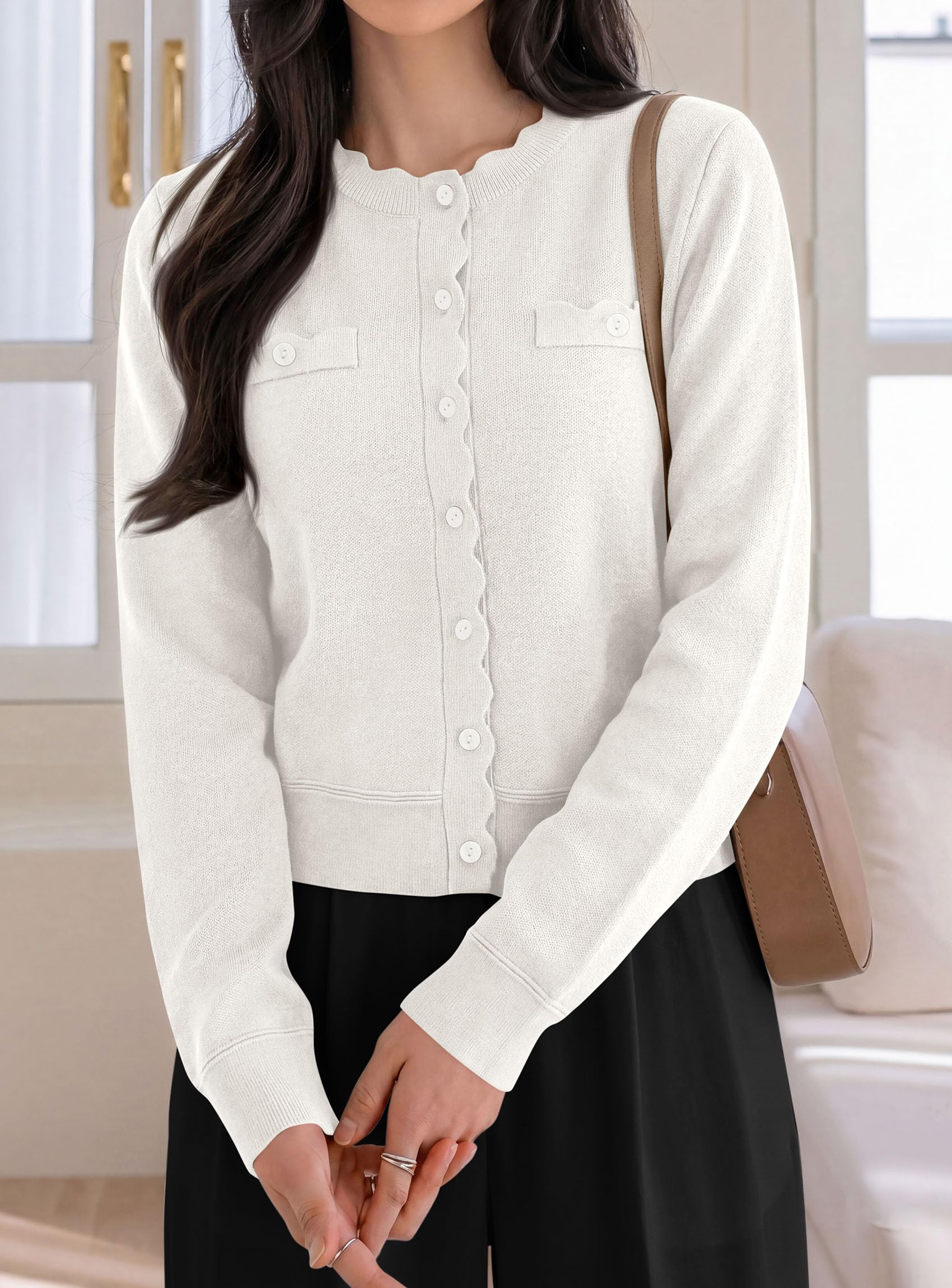Womens Lightweight Cardigan Sweaters Scalloped Trim Fall Tops