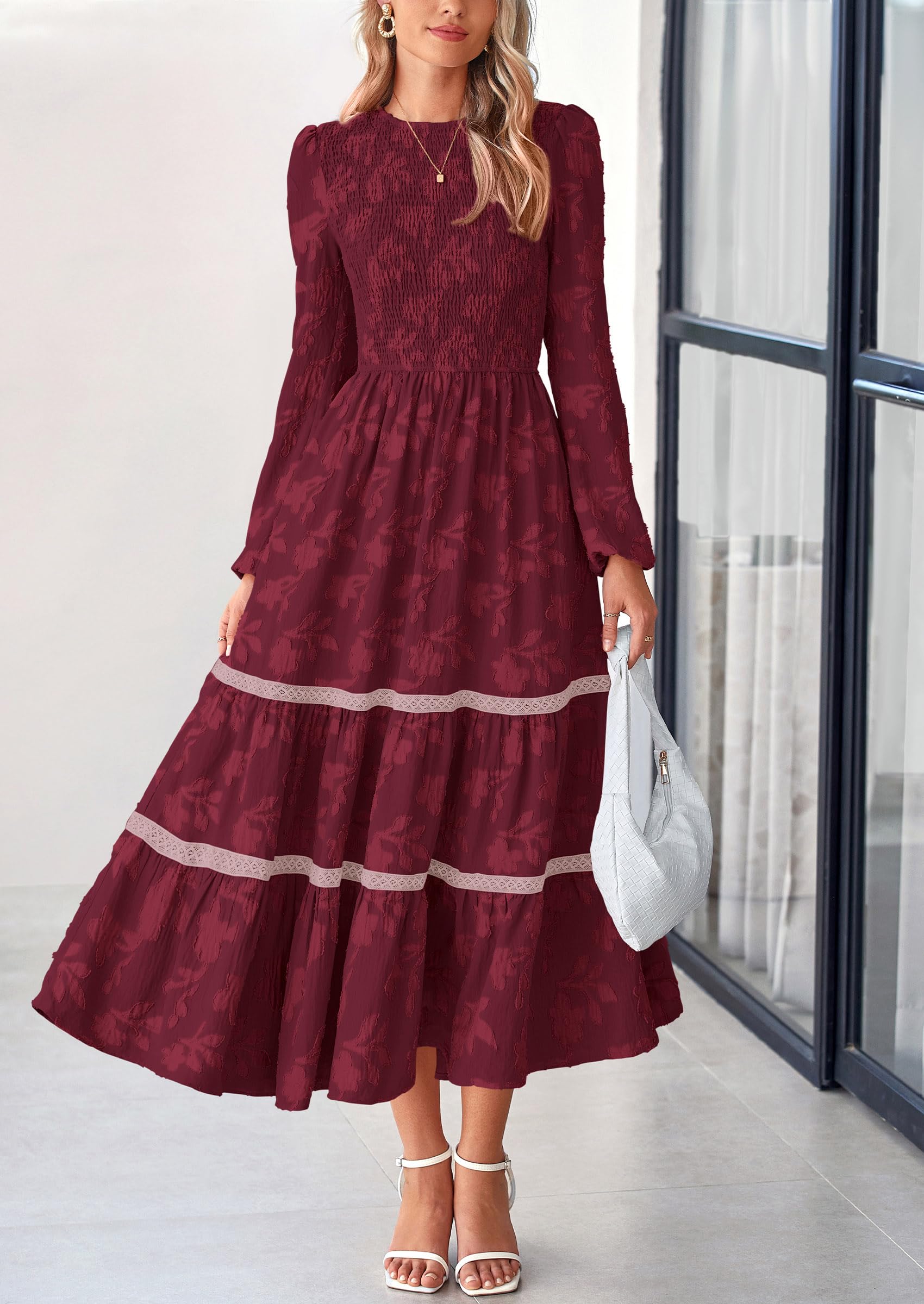 Women's Long Sleeve Boho Floral Midi Dress, Wine Red,S