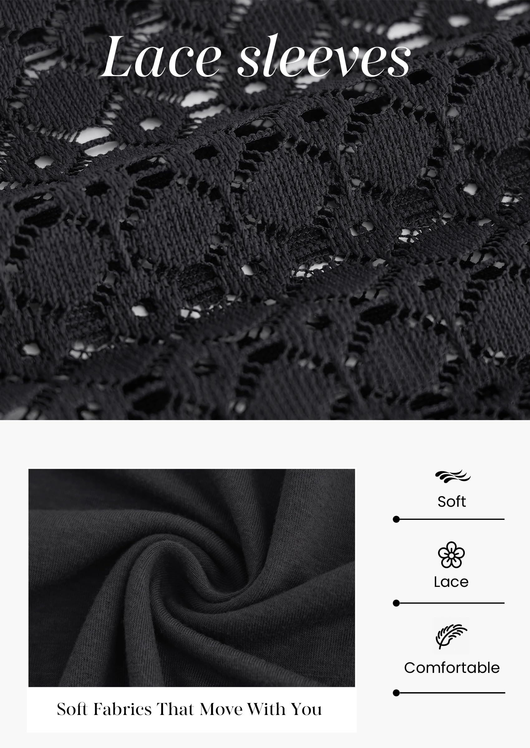 Women's Long Sleeve Shirts Fall Lace Tops,Black,S