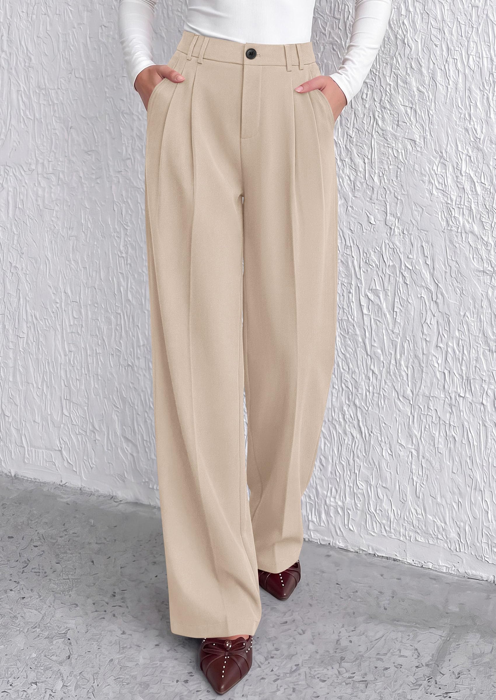 Women's Dress Pants Wide Leg Flowy Trousers,Beige,S