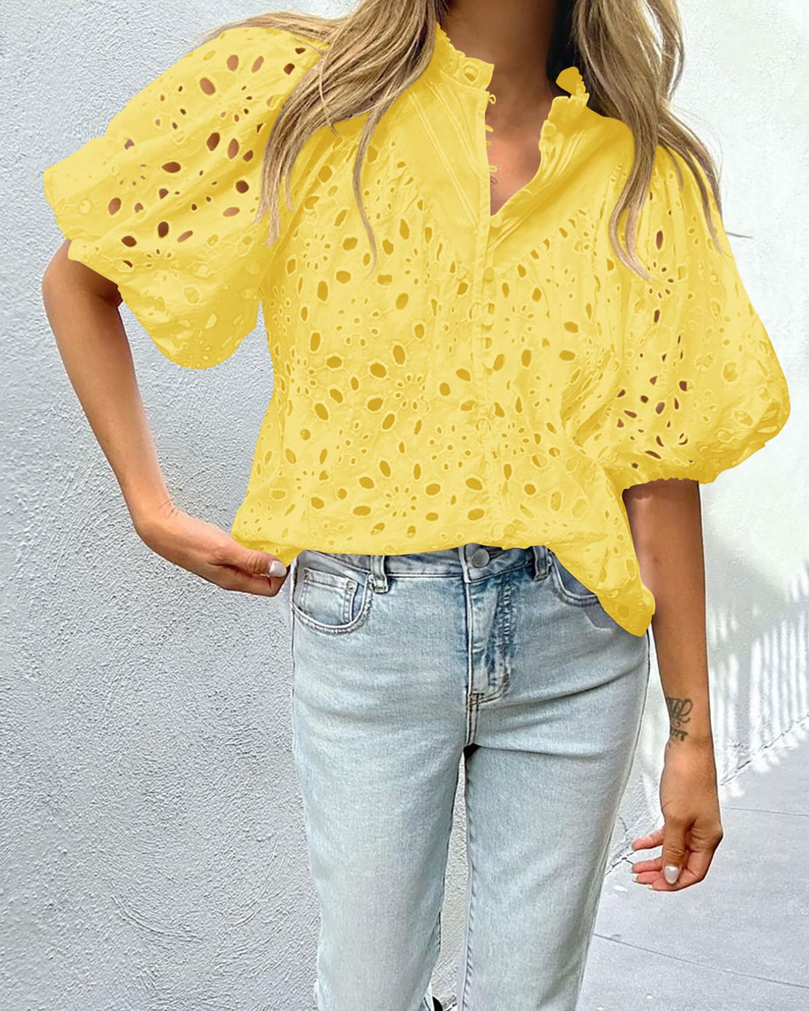 Womens Tops Boho Eyelet Puff Sleeve Blouse, Yellow,S