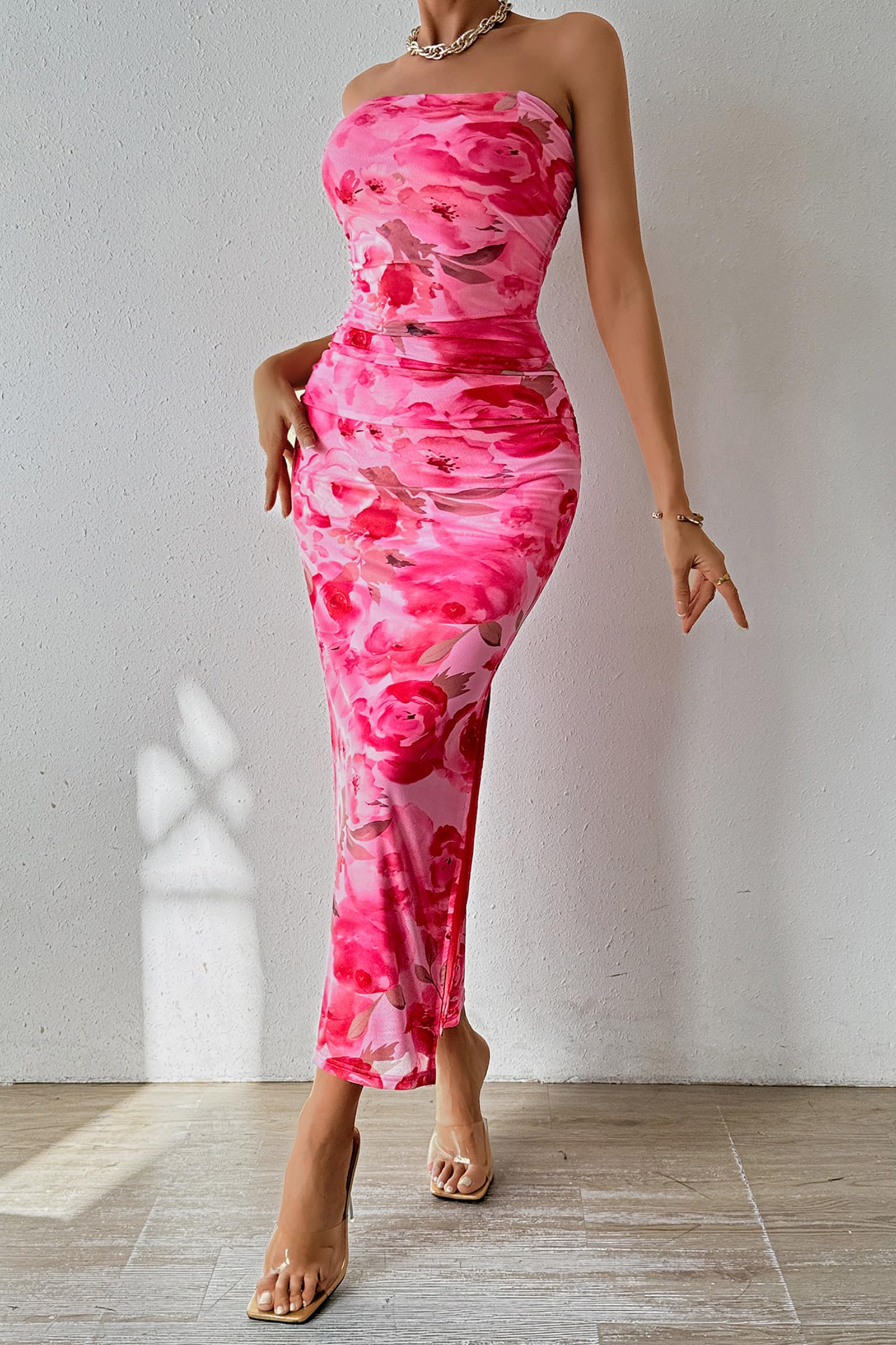 Women's Strapless Bodycon Floral Maxi Dress, Print Pink,S