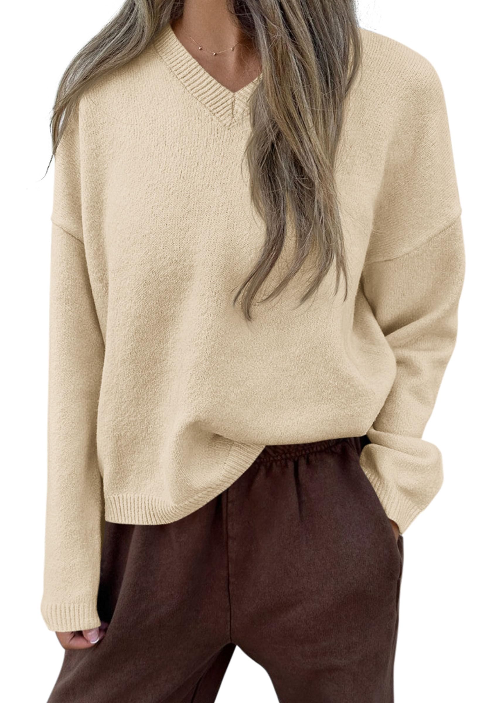 Women's Cozy Sweaters Fall Fashion V Neck Tops Beige,M