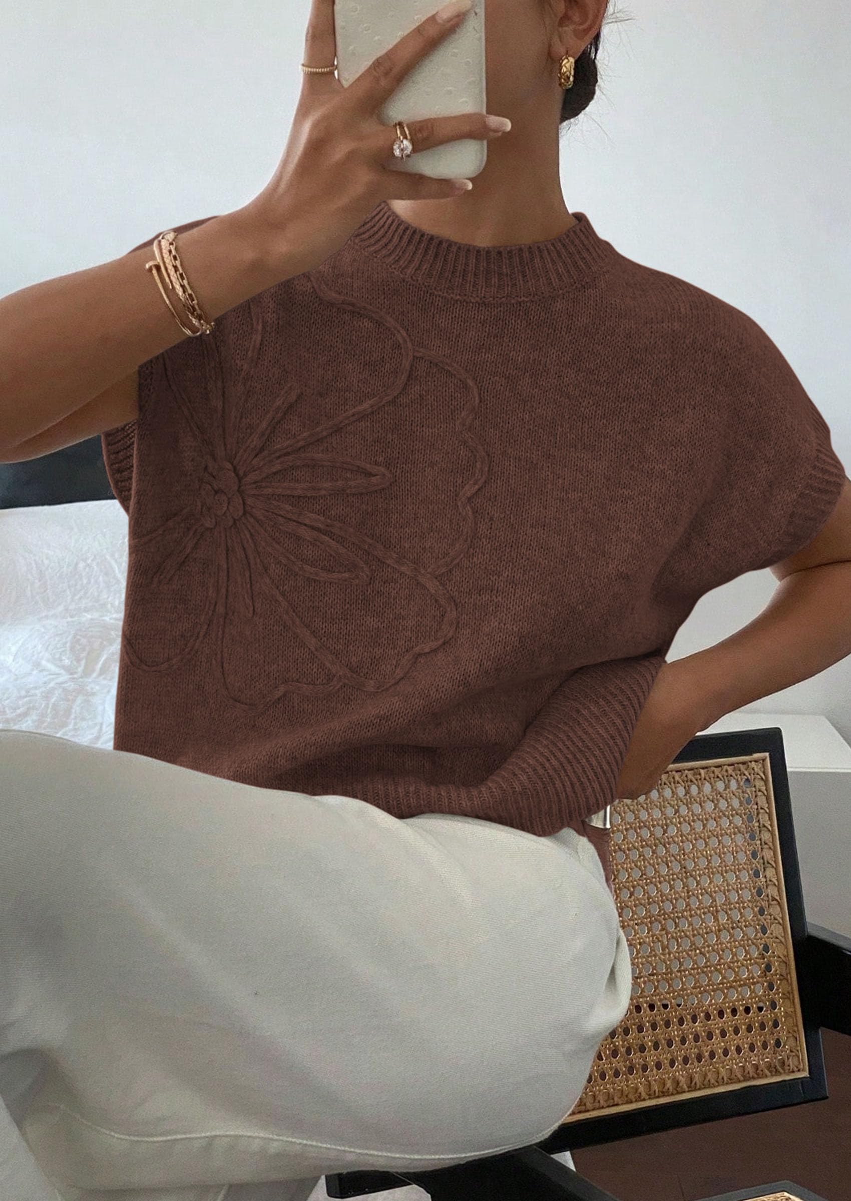Women's Summer Short Cap Sleeve Sweater Vest (Brown,S)