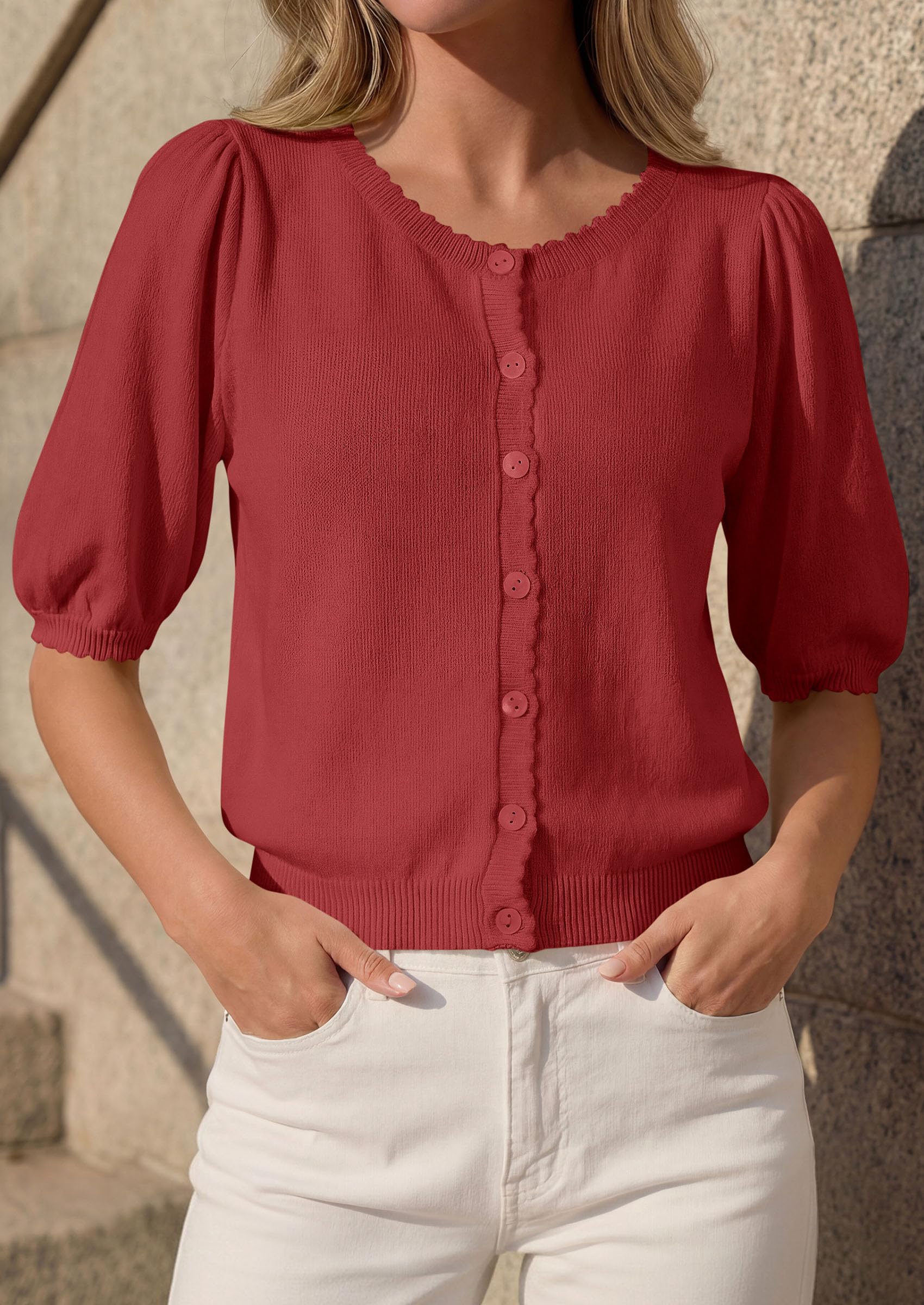 Women Short Sleeve Lightweight Knit Cardigans, Rust,S
