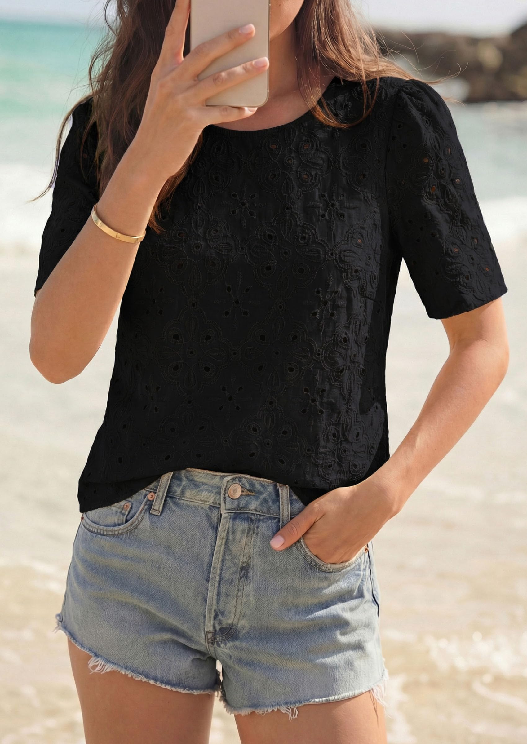 Women's Embroidered Eyelet Short Sleeve Blouse, Black,XS