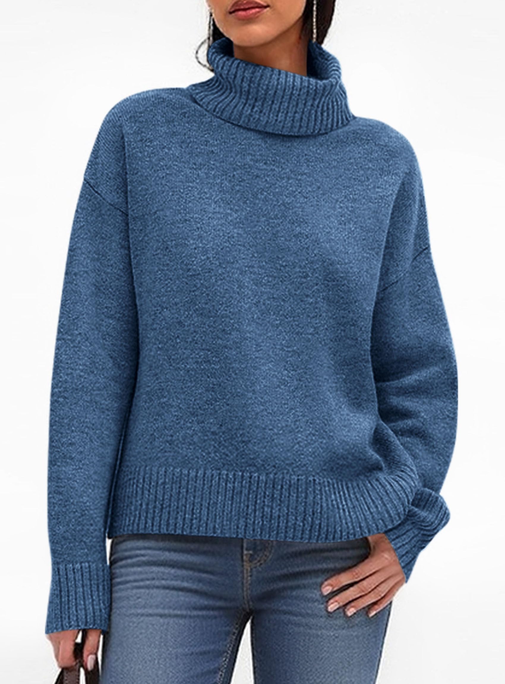 Womens Turtleneck Long Sleeve Knit Sweater,Grey Blue,S
