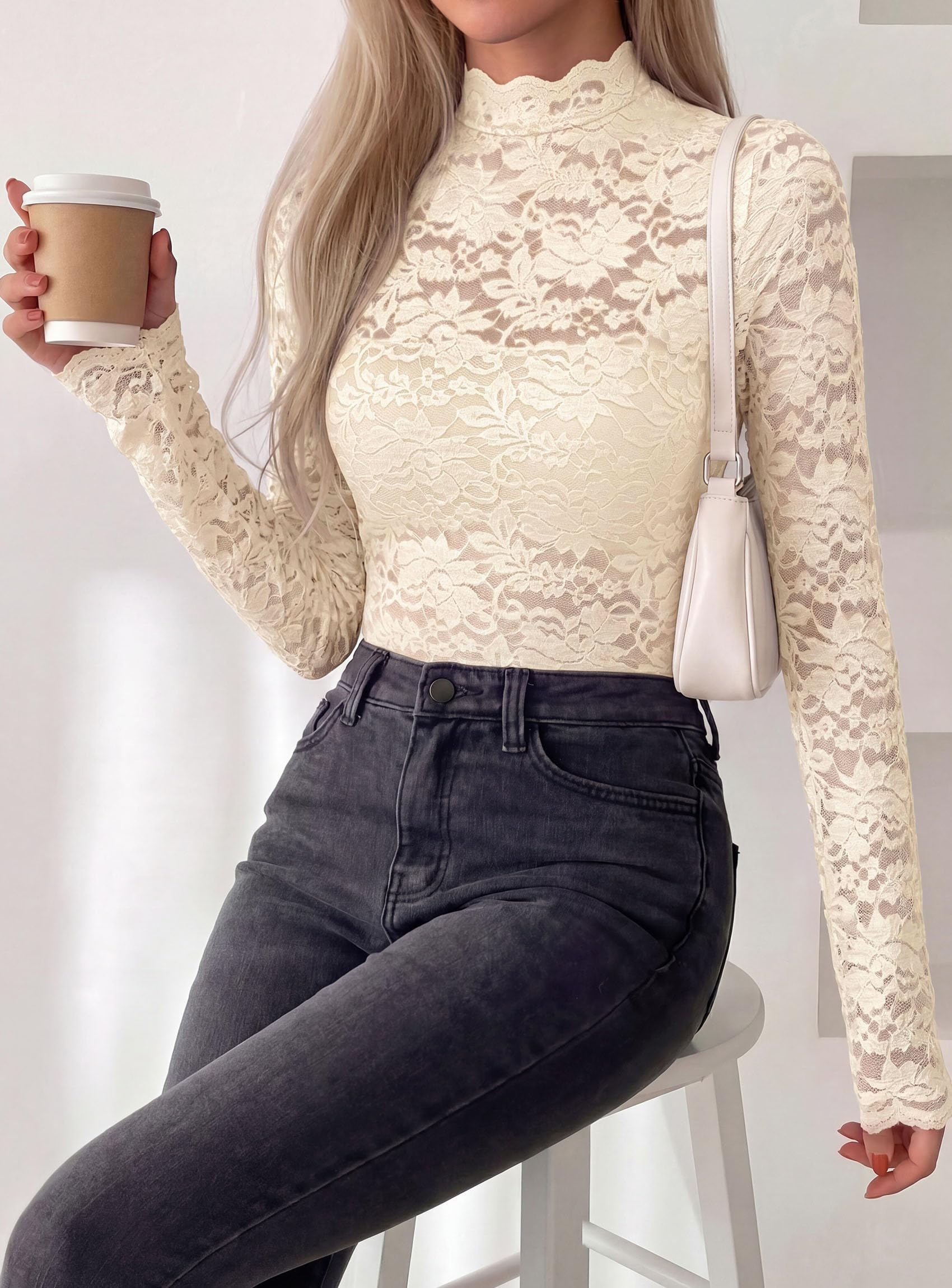 Womens Lace Long Sleeve Tops Sheer Mesh Blouse Apricot,L