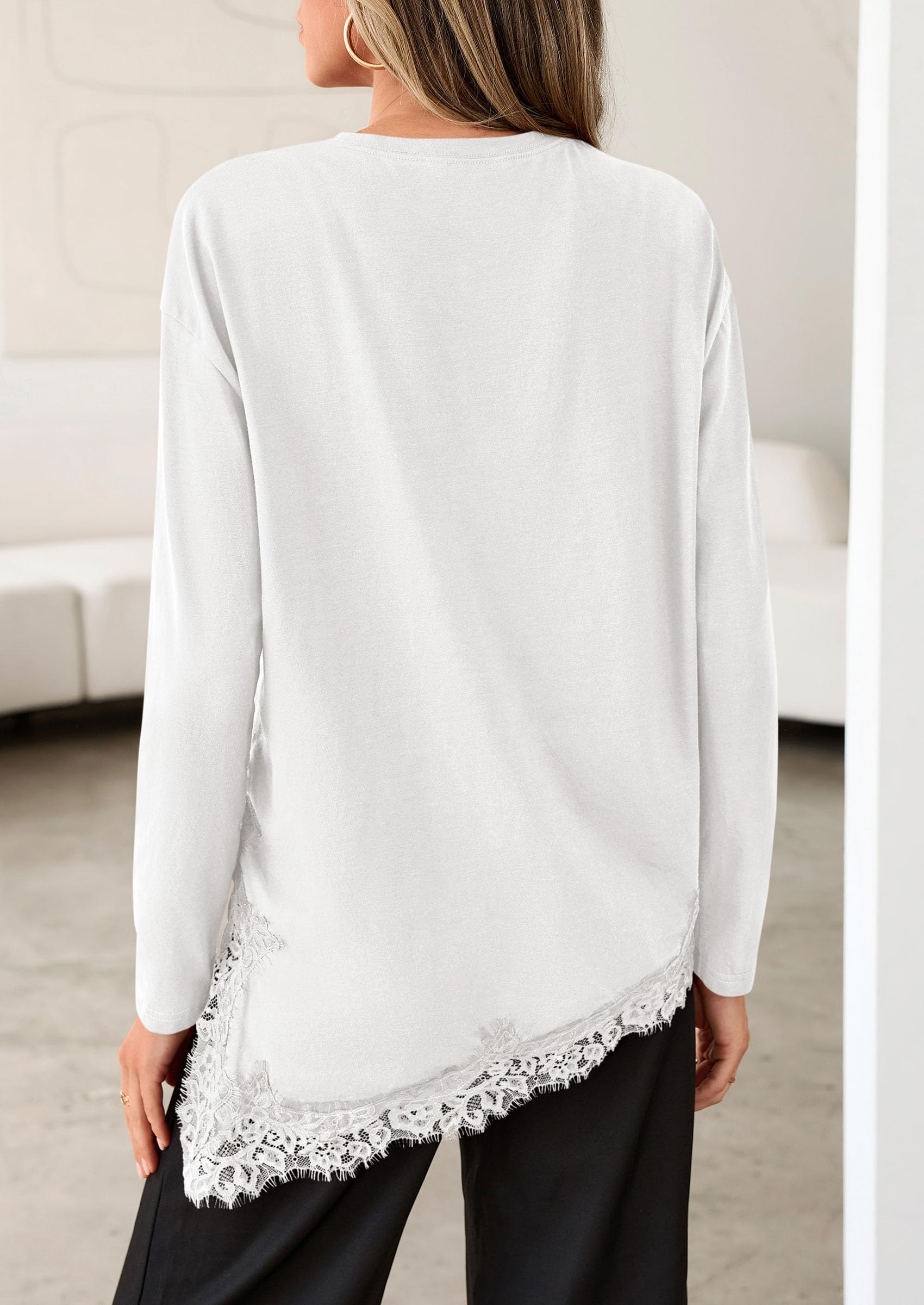 Women's Long Sleeve Asymmetrical Lace Tops Oversized Tshirts