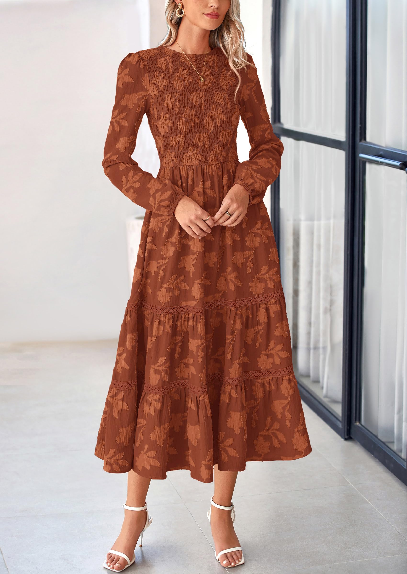 Women's Long Sleeve Boho Floral Midi Dress, Brick Red,S