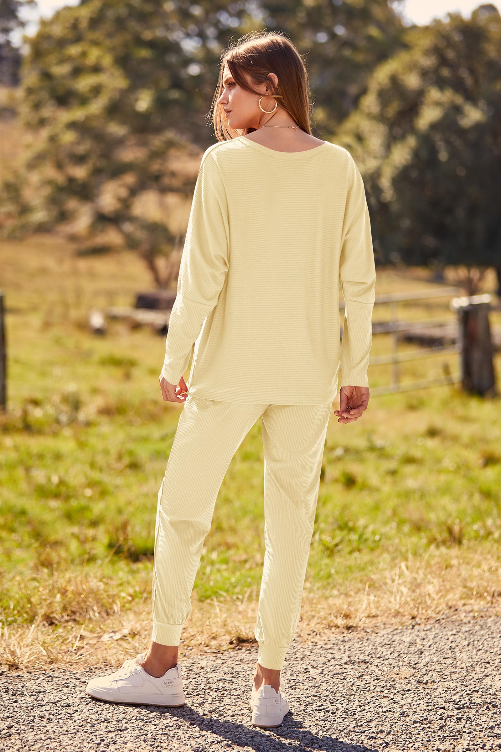 Women's 2 Piece Fall Outfits Matching Ribbed Knit Lounge Sets