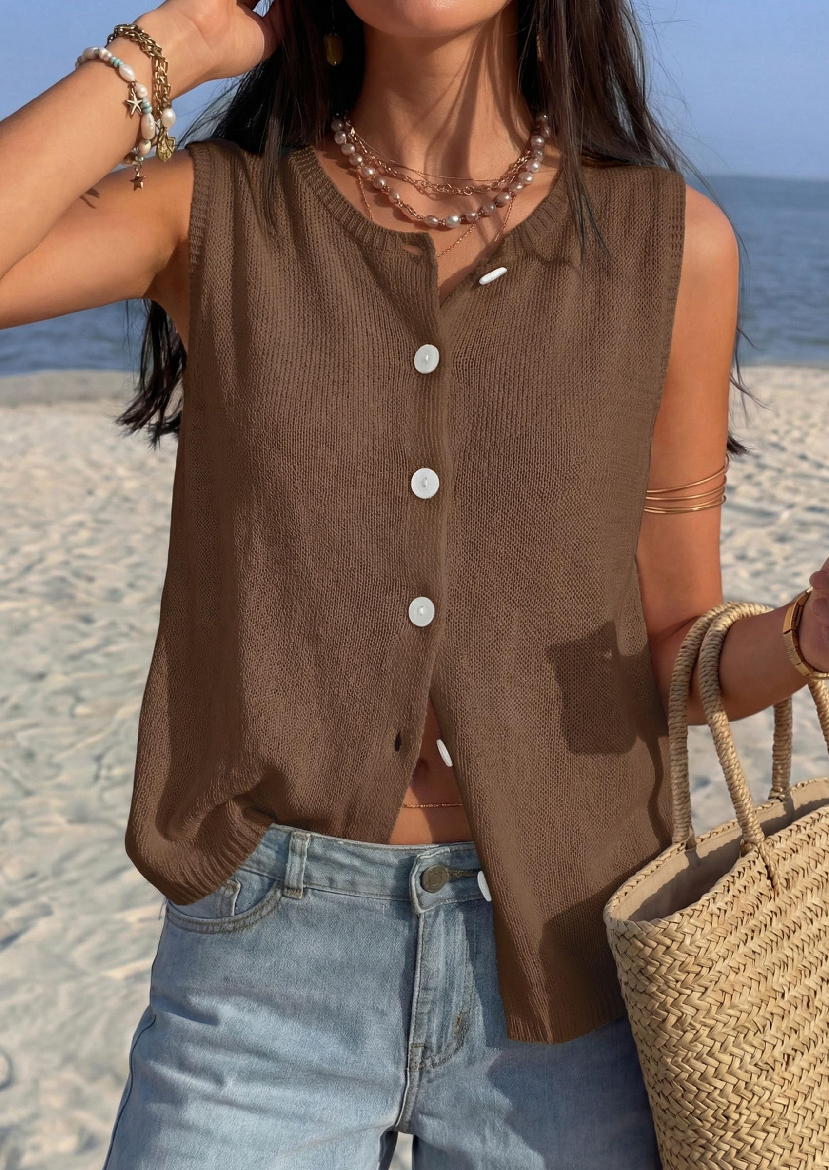 Women's Summer Button Up Sweater Vest Tops,Brown,S