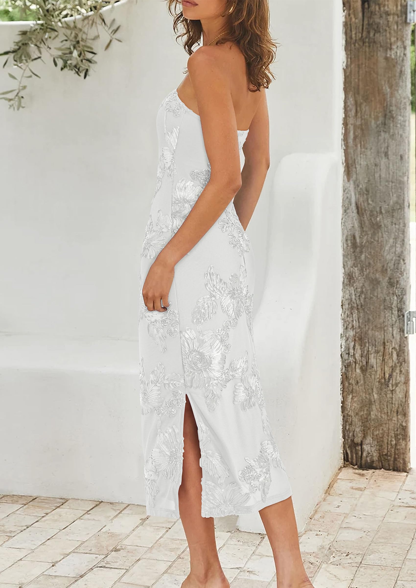 Women's Summer Wedding Guest Floral Midi Dress, White,XS