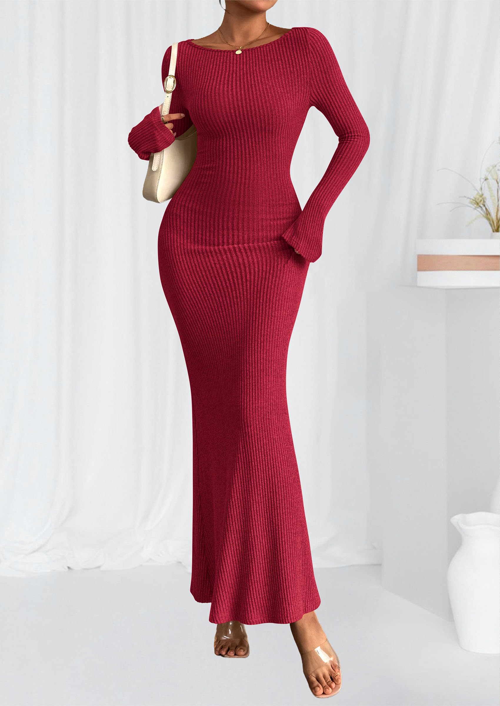 Women's Fall Long Sleeve Bodycon Maxi Dresses (Red,XS)