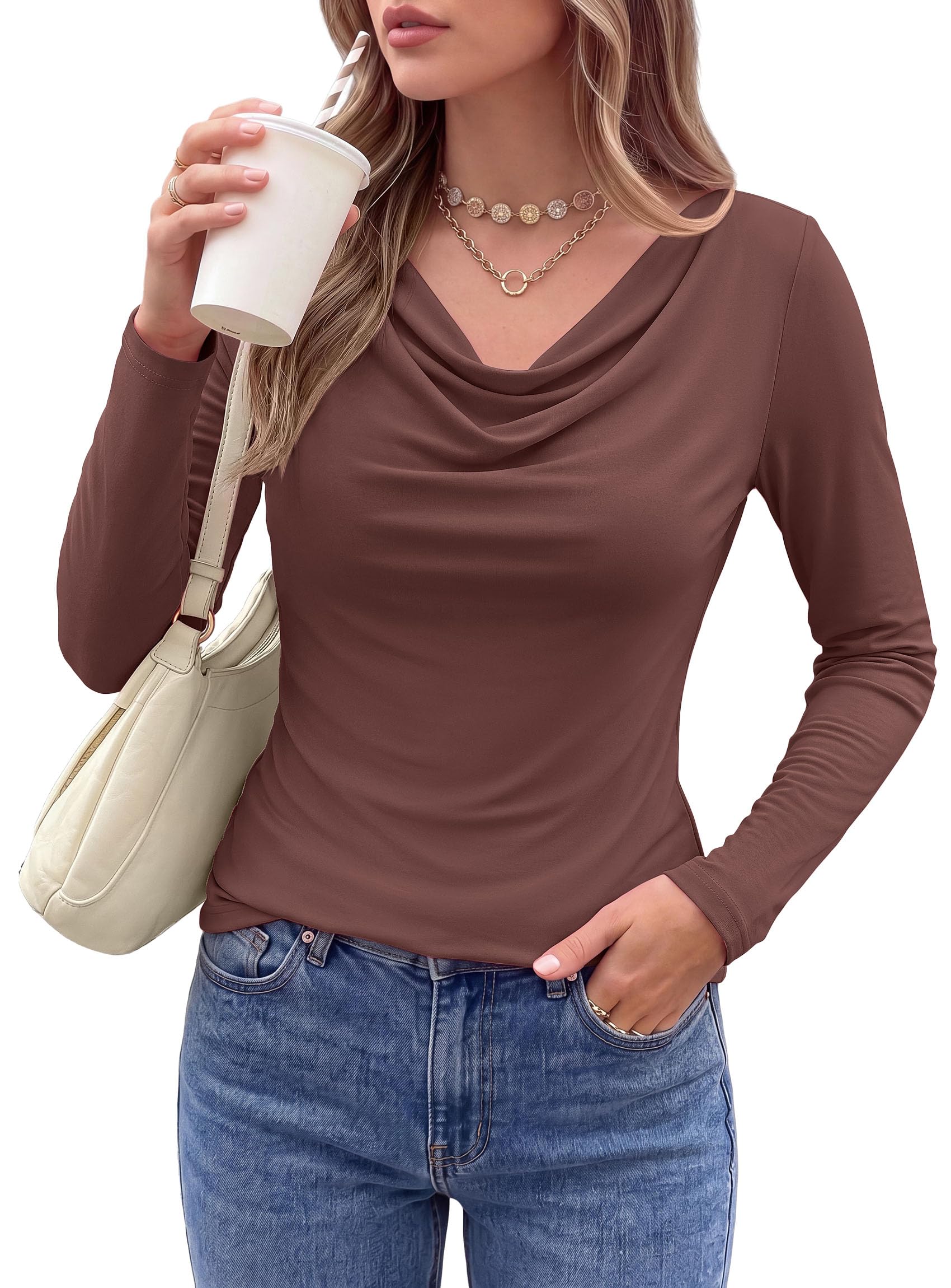 Cowl Neck Tops for Women Fashion Long Sleeve Shirt Brown
