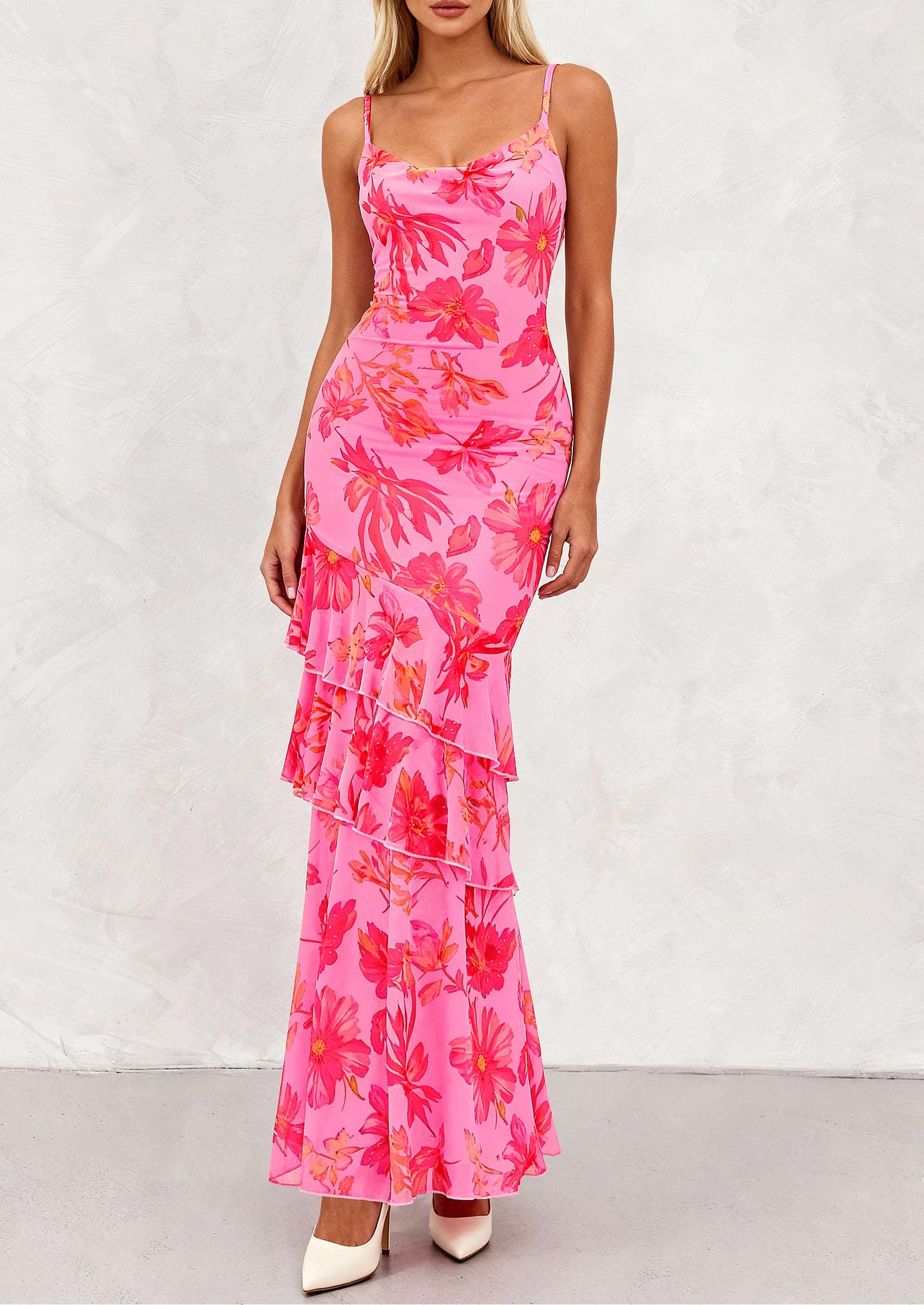 Women's Boho Floral Tiered Maxi Dress, Pink Orange Floral,XS