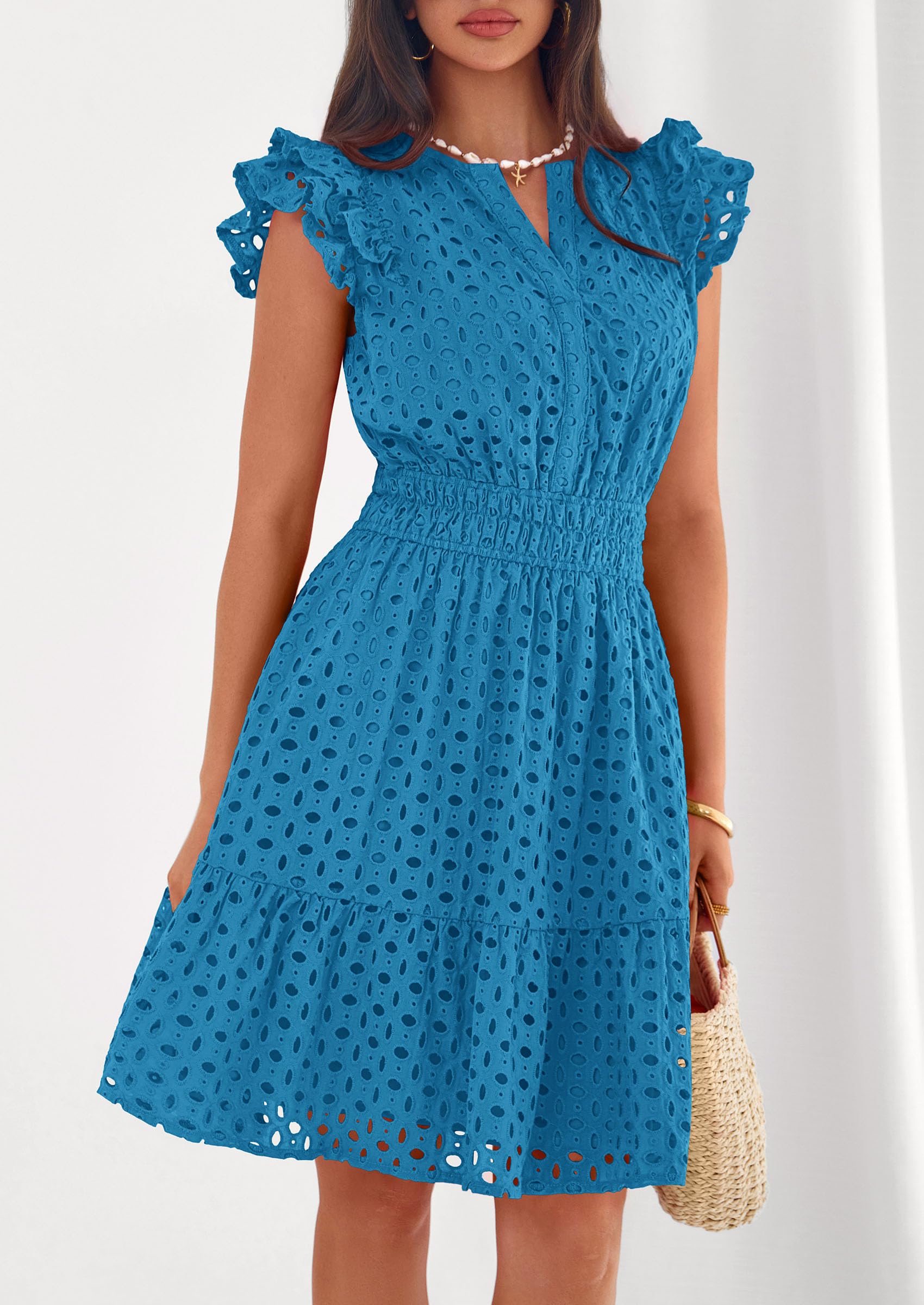 Women's Summer V Neck Eyelet Short Dress (Lake Blue,Small)