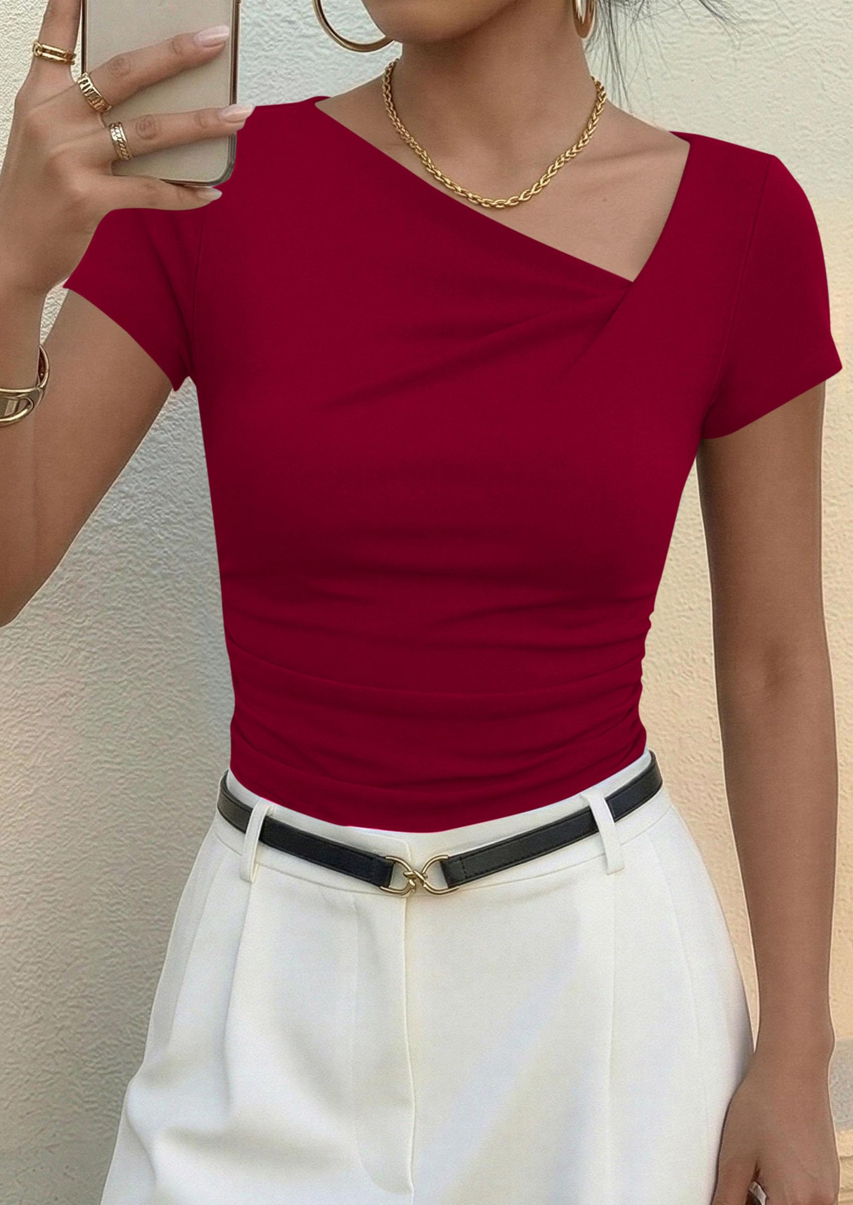 Women's Summer Trendy Asymmetrical Y2K Tops (Red,L)