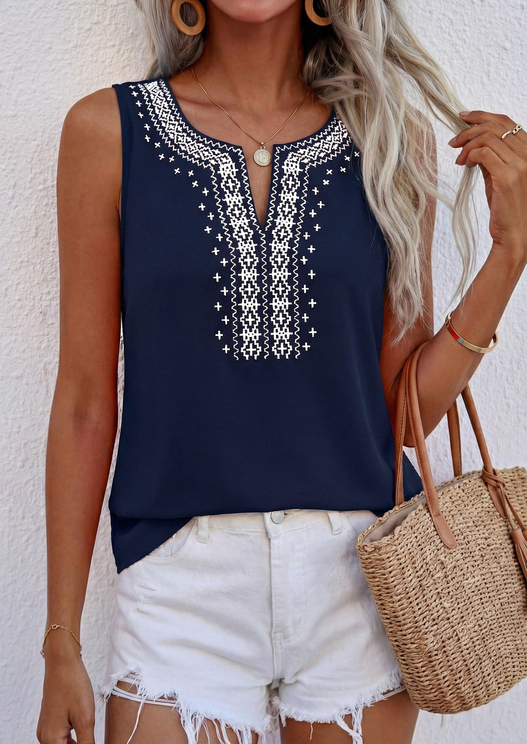 Womens Embroidered Sleeveless Tank Tops Navy,S