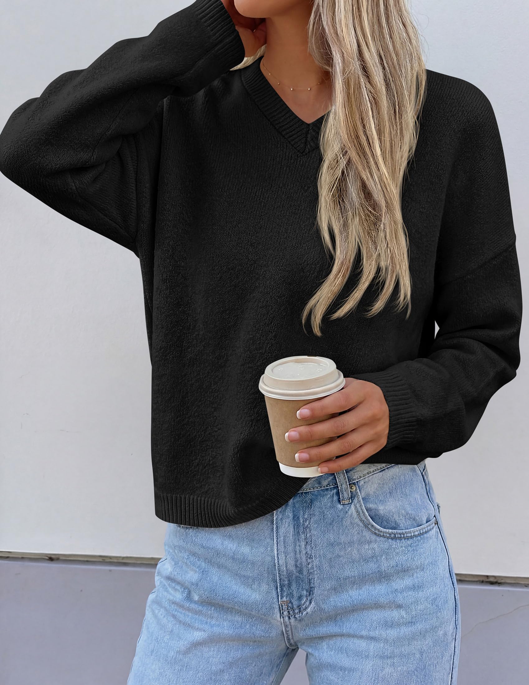 Women's Cozy Sweaters Fall Fashion V Neck Tops Black,S