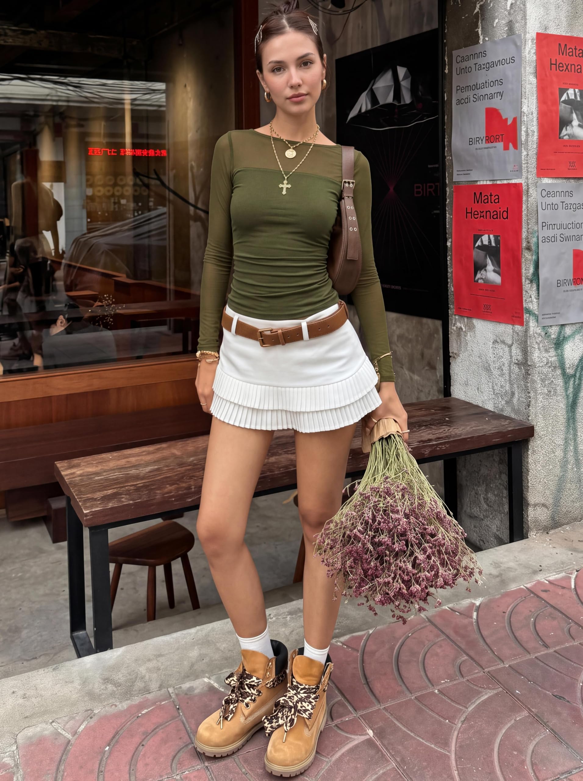 Women's Sheer Mesh Long Sleeve Going Out Tops (Army Green,S)
