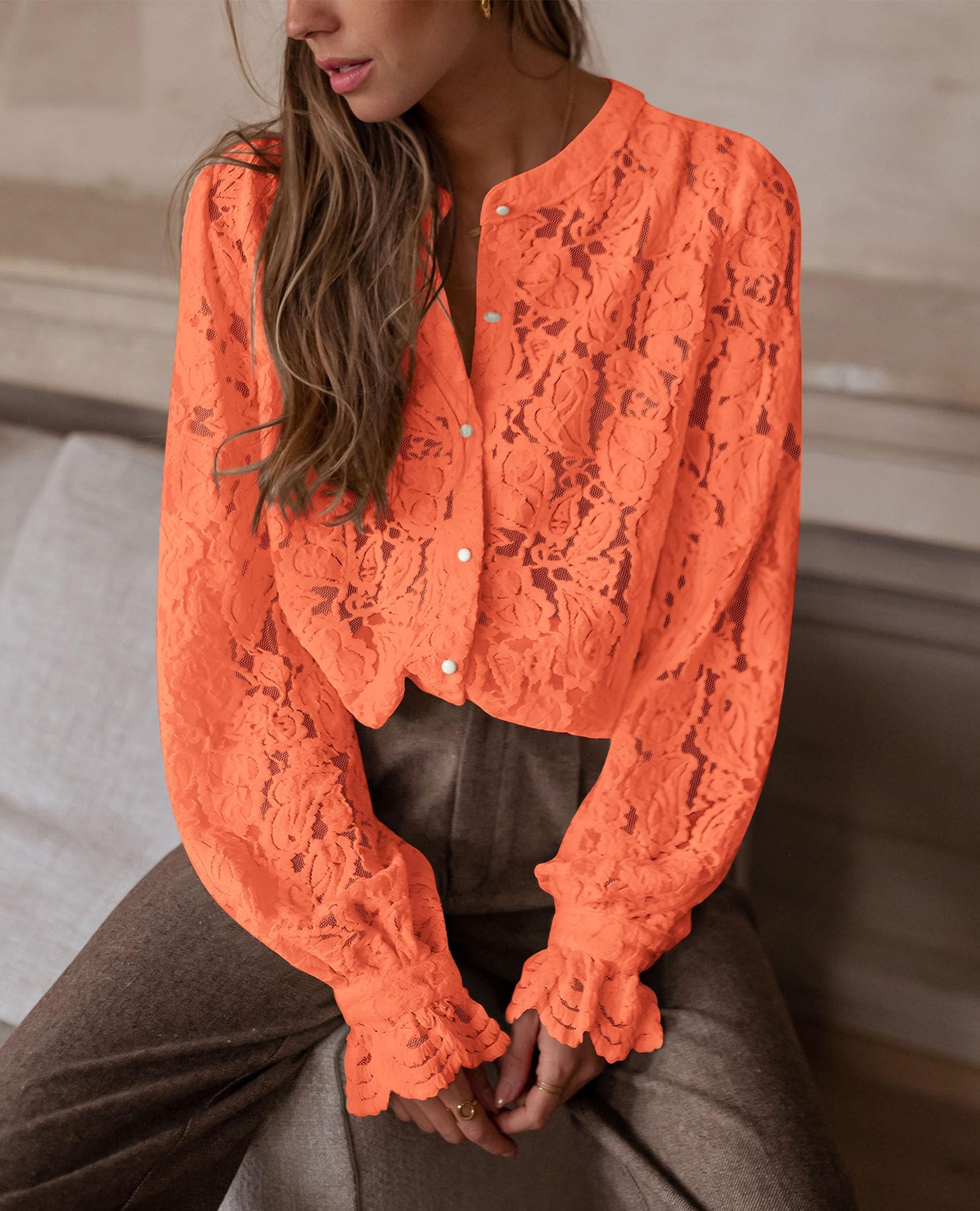 Women's Fall Trendy Long Sleeve Lace Tops(Orange,Small)
