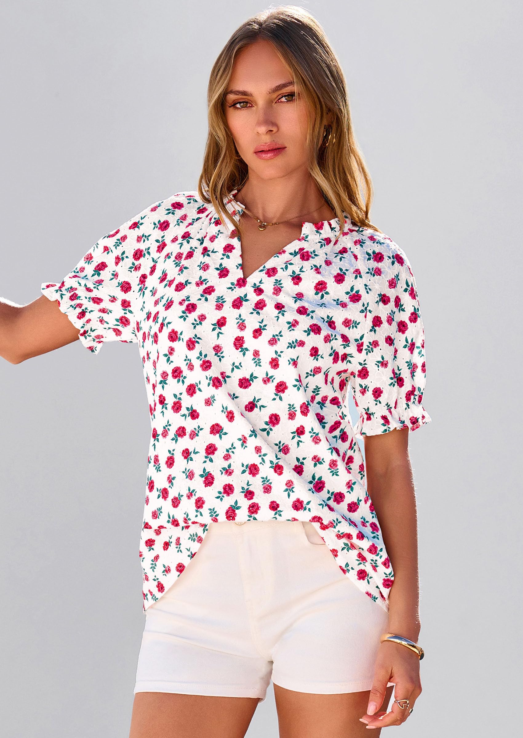 Womens Floral Short Sleeve Blouses,S Rose,S