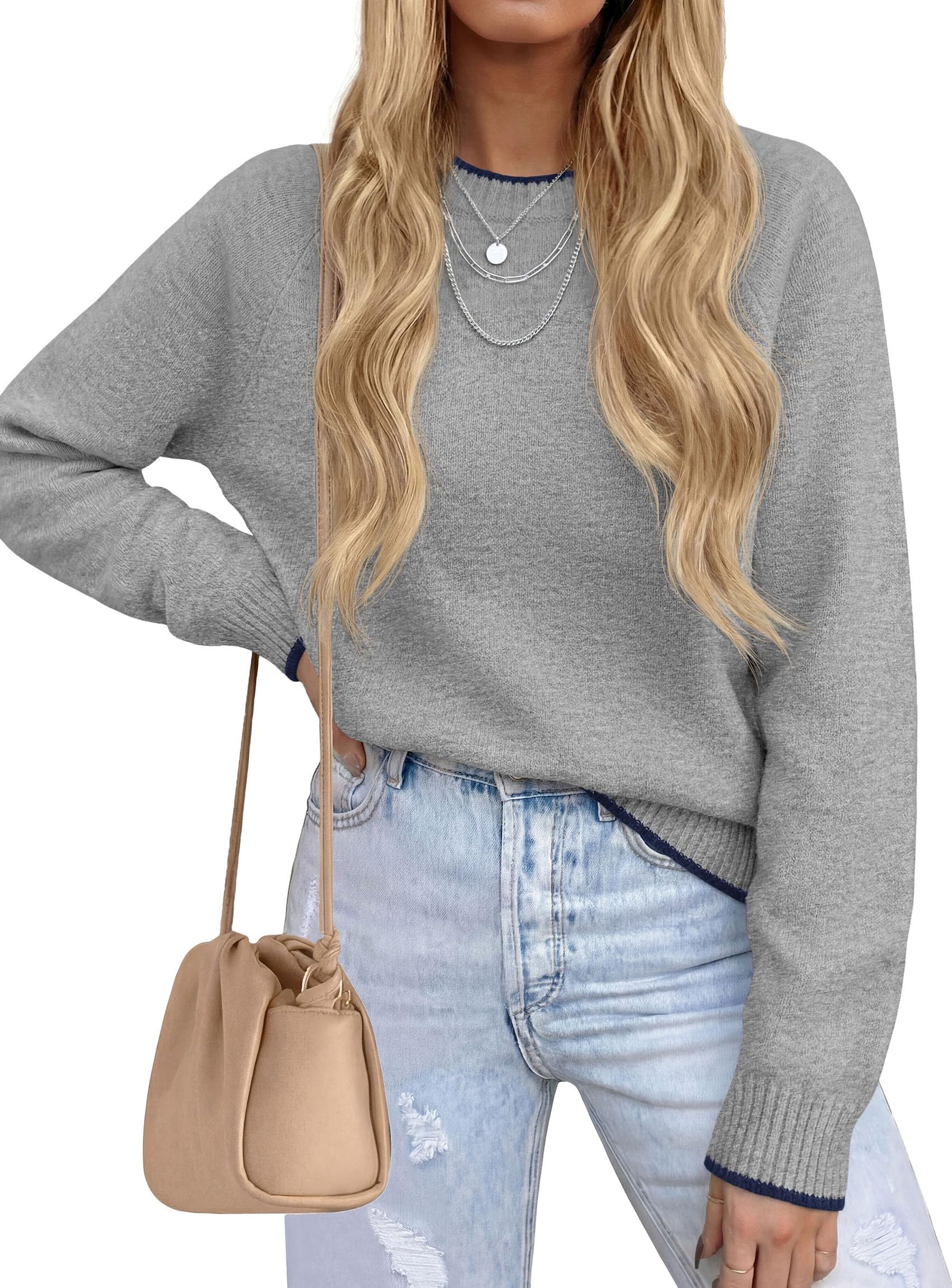 Womens Crewneck Fall Sweaters Pullover Tops,Grey,S