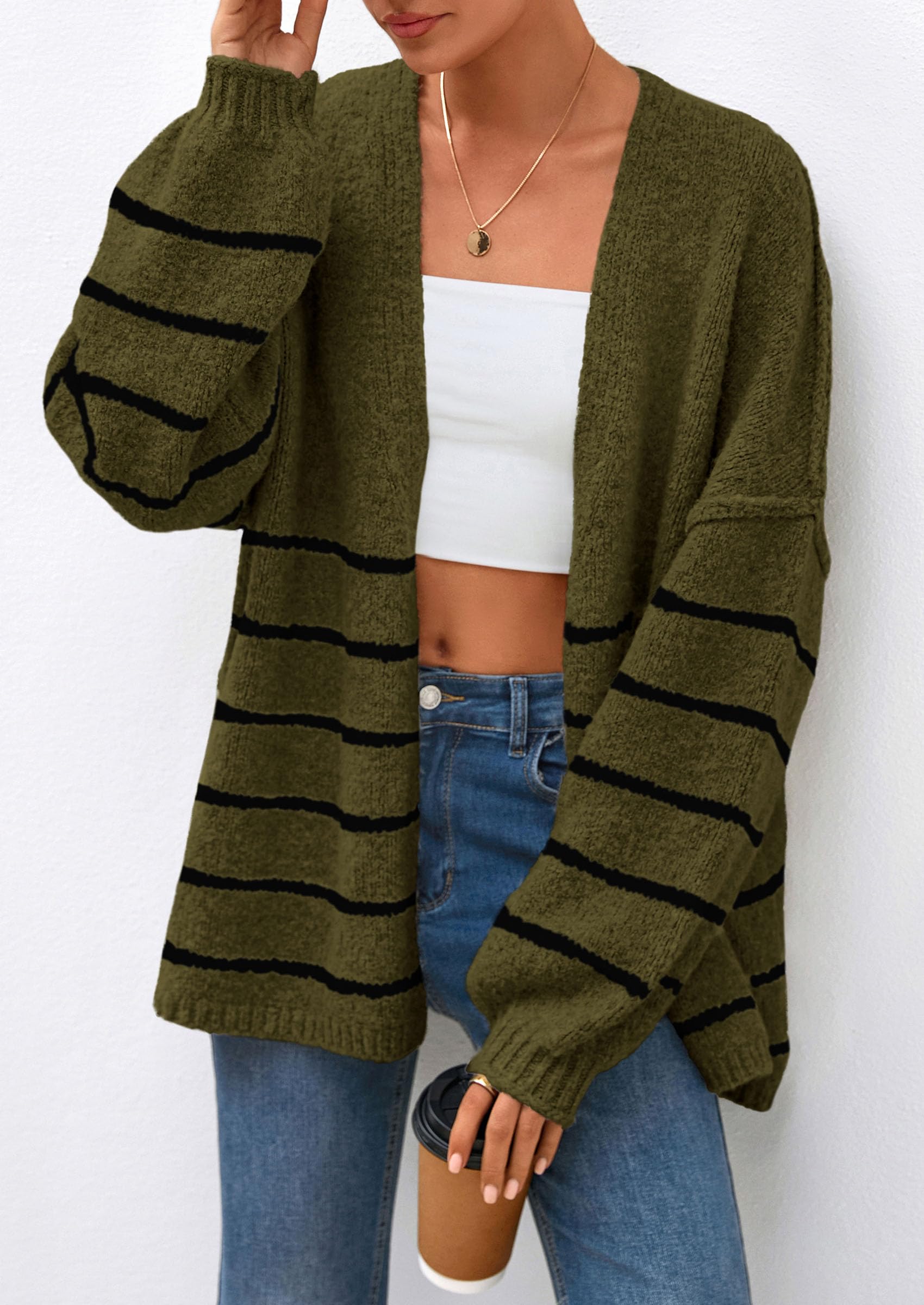 Womens Oversized Cardigan Sweaters 2026 Fall Long Lantern Sleeve Knit Open Front Lightweight Sweater (Striped Army Green,Small)