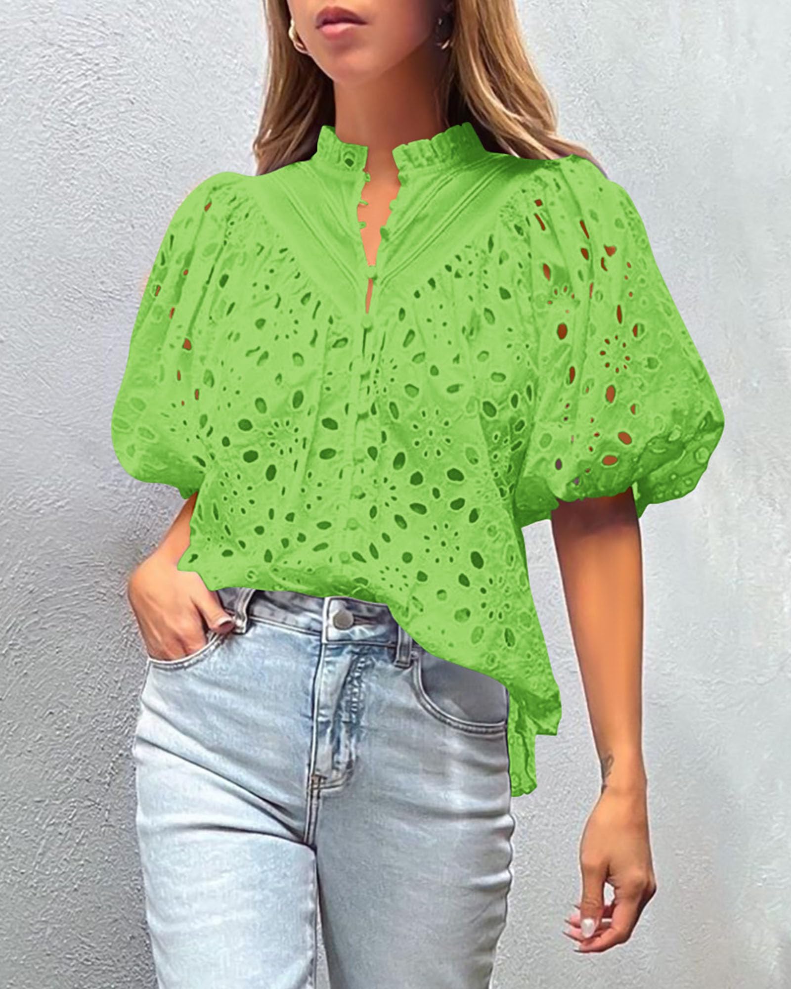 Womens Tops Boho Eyelet Puff Sleeve Blouse, Grass Green,S