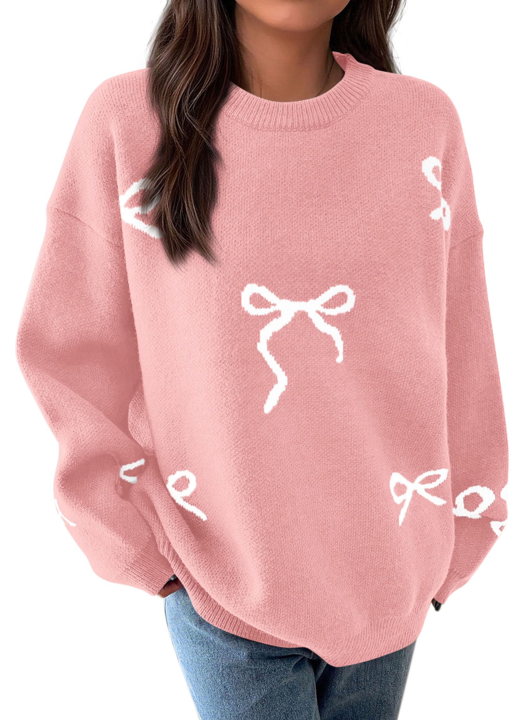 Fall Long Sleeve Pullover Sweaters for Women 2026 Trendy Crewneck Casual Cute Bow Chunky Knit Oversized Sweater (Light Pink,Large)