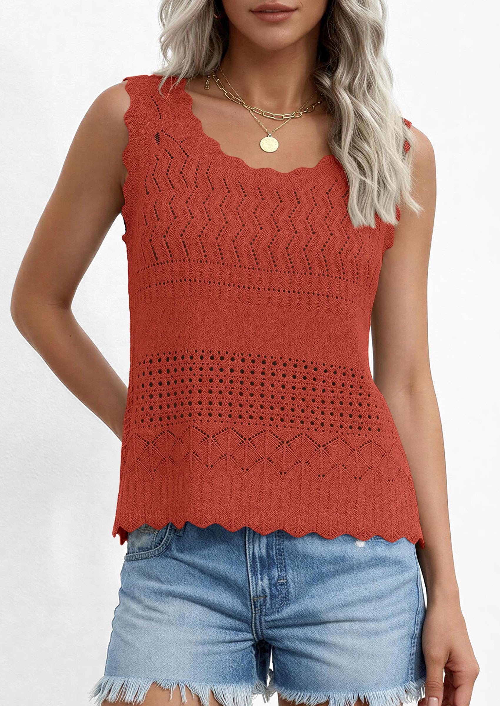 Womens Crochet Tank Tops Knit Sleeveless Vest,Rust Red,S